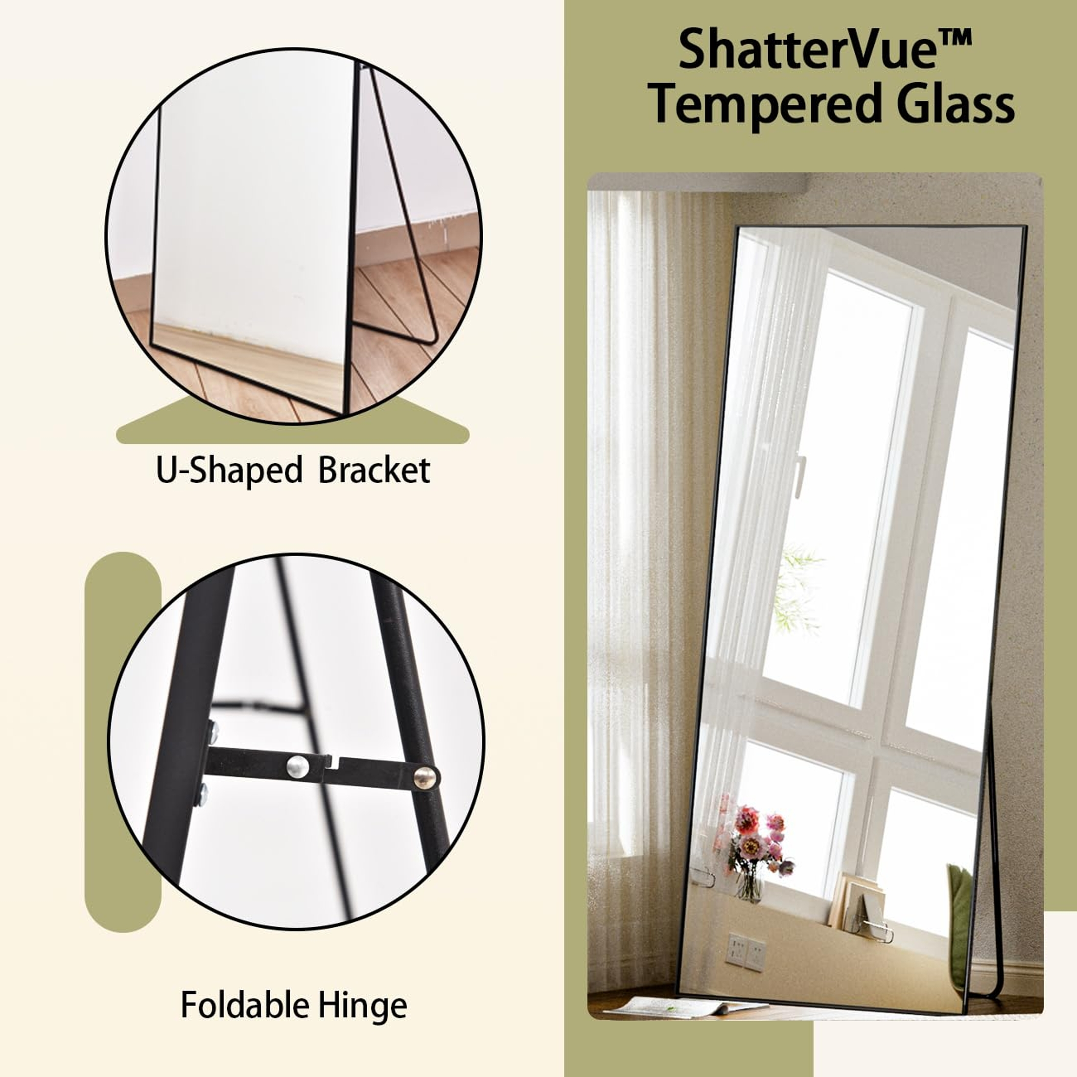 Ein großer Spiegel mit schwarzem Rahmen steht vor einem Fenster mit weißen Vorhängen.