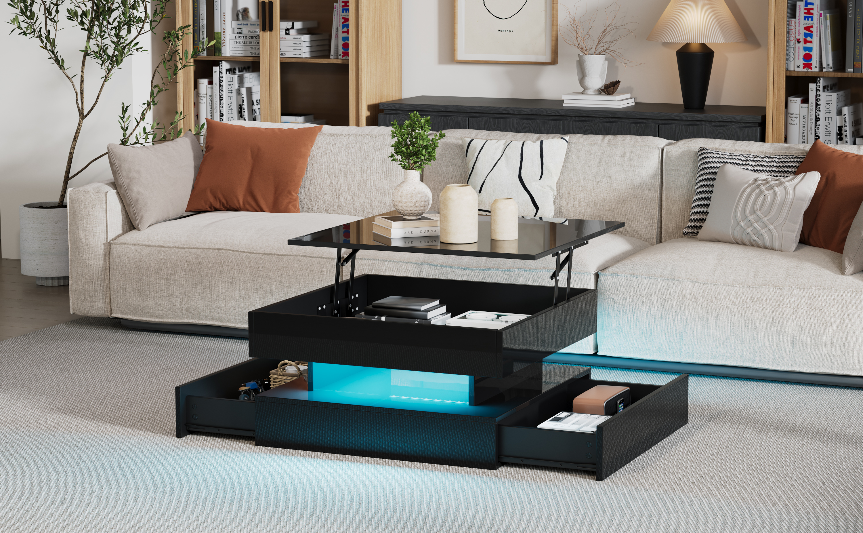 Ein moderner Wohnzimmer-Sofaset mit einem ausziehbaren Couchtisch und blauer LED-Beleuchtung.