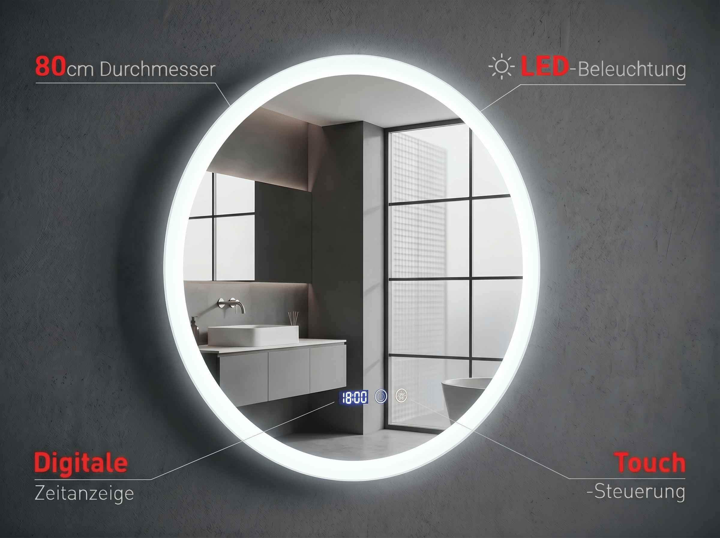 Runder Spiegel mit LED-Beleuchtung, digitaler Zeitanzeige und Touch-Steuerung.