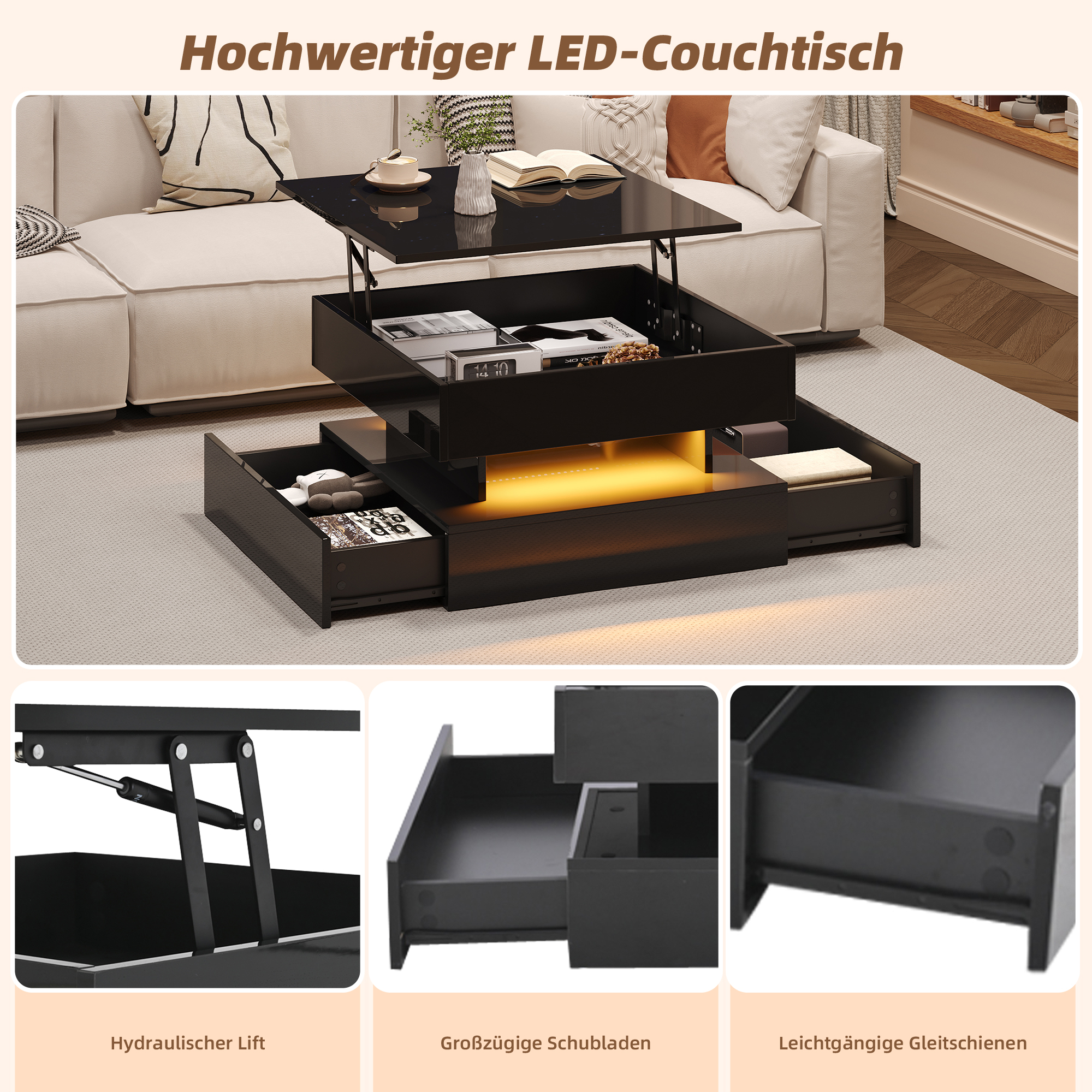 Schwarzer Couchtisch mit ausziehbaren Schubladen und beleuchtetem Fach.