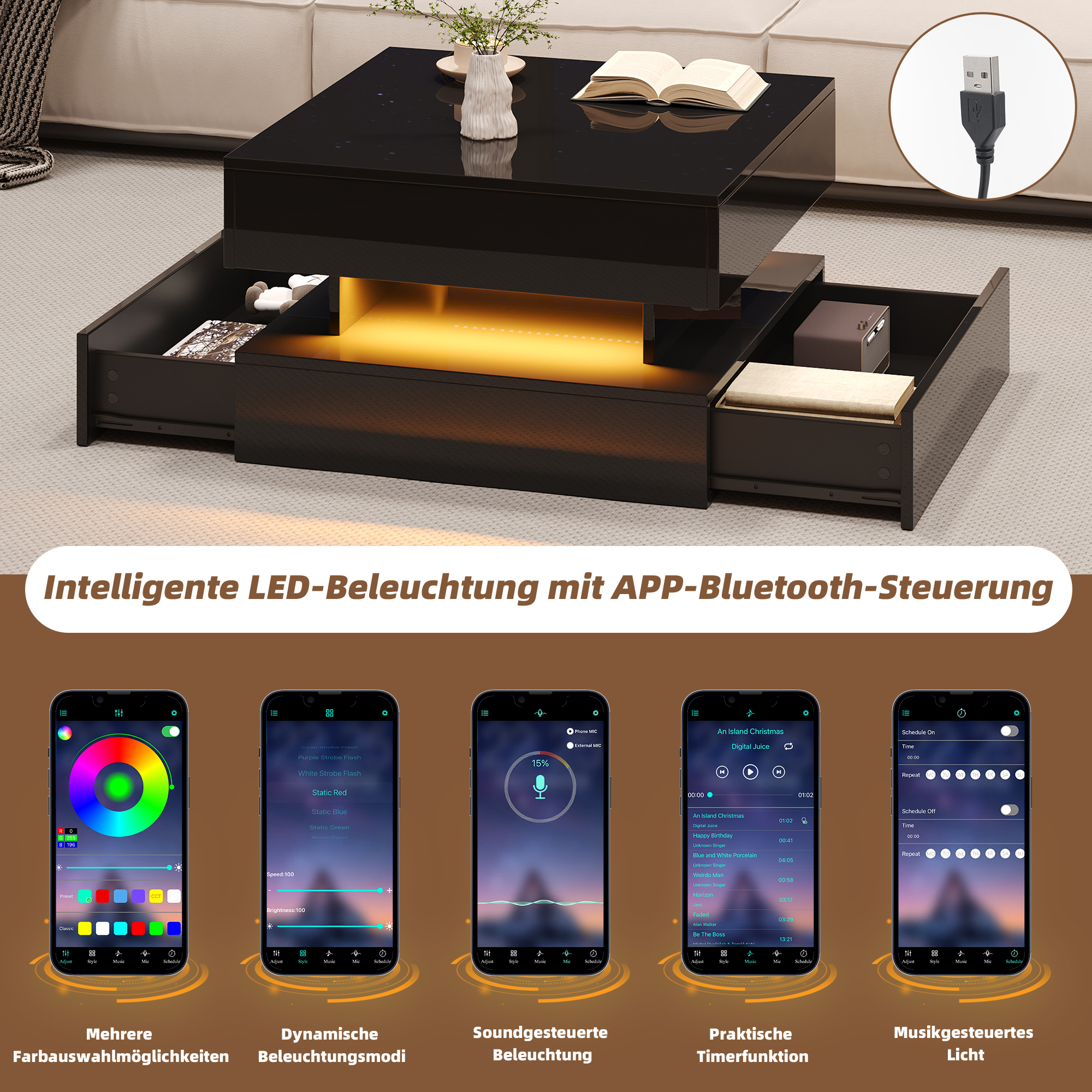 Moderner schwarzer Couchtisch mit LED-Beleuchtung und Schubladen. Zeigt App-Steuerung.