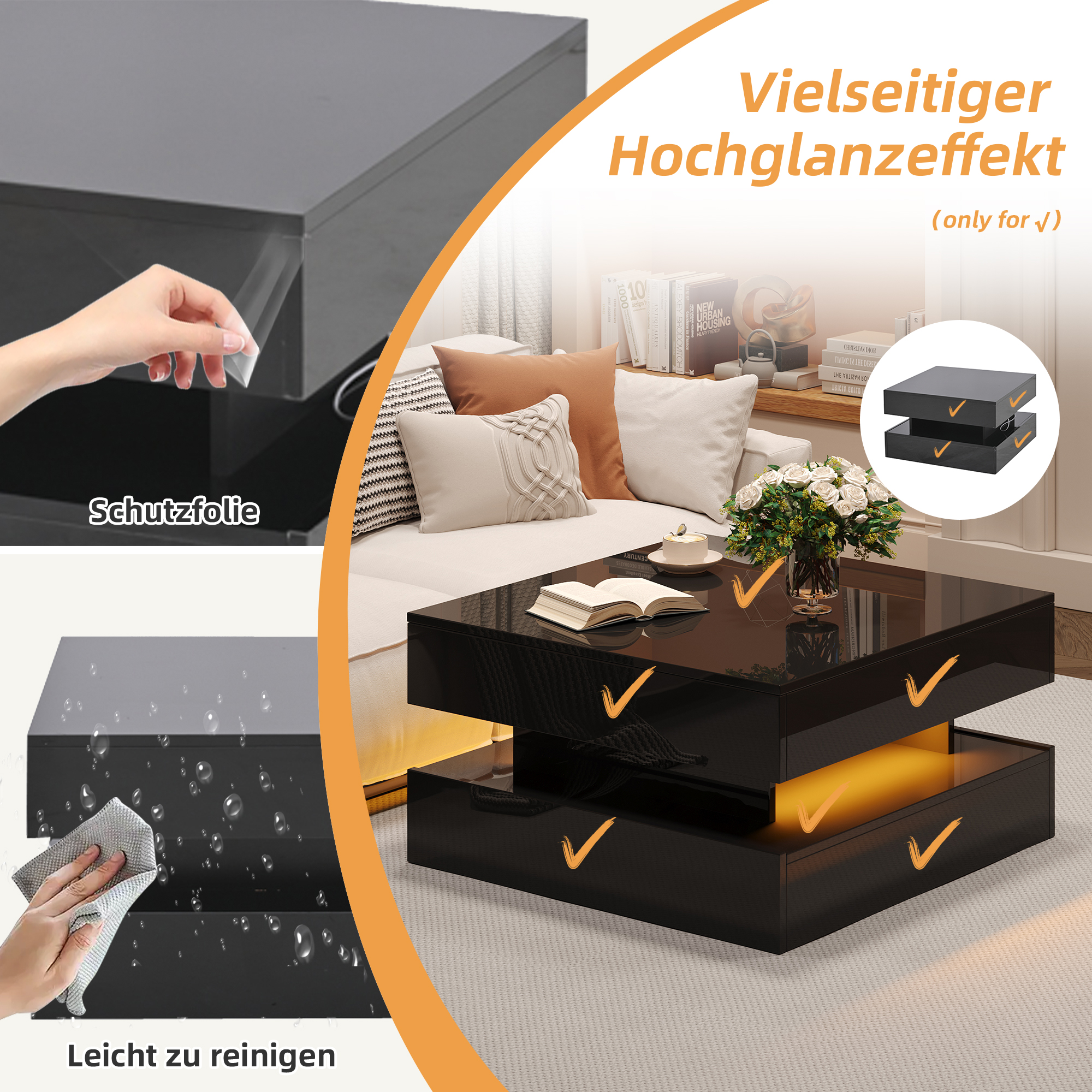 Schwarzer Couchtisch mit Schubladen, hochglanzpoliert, mit Beleuchtung.