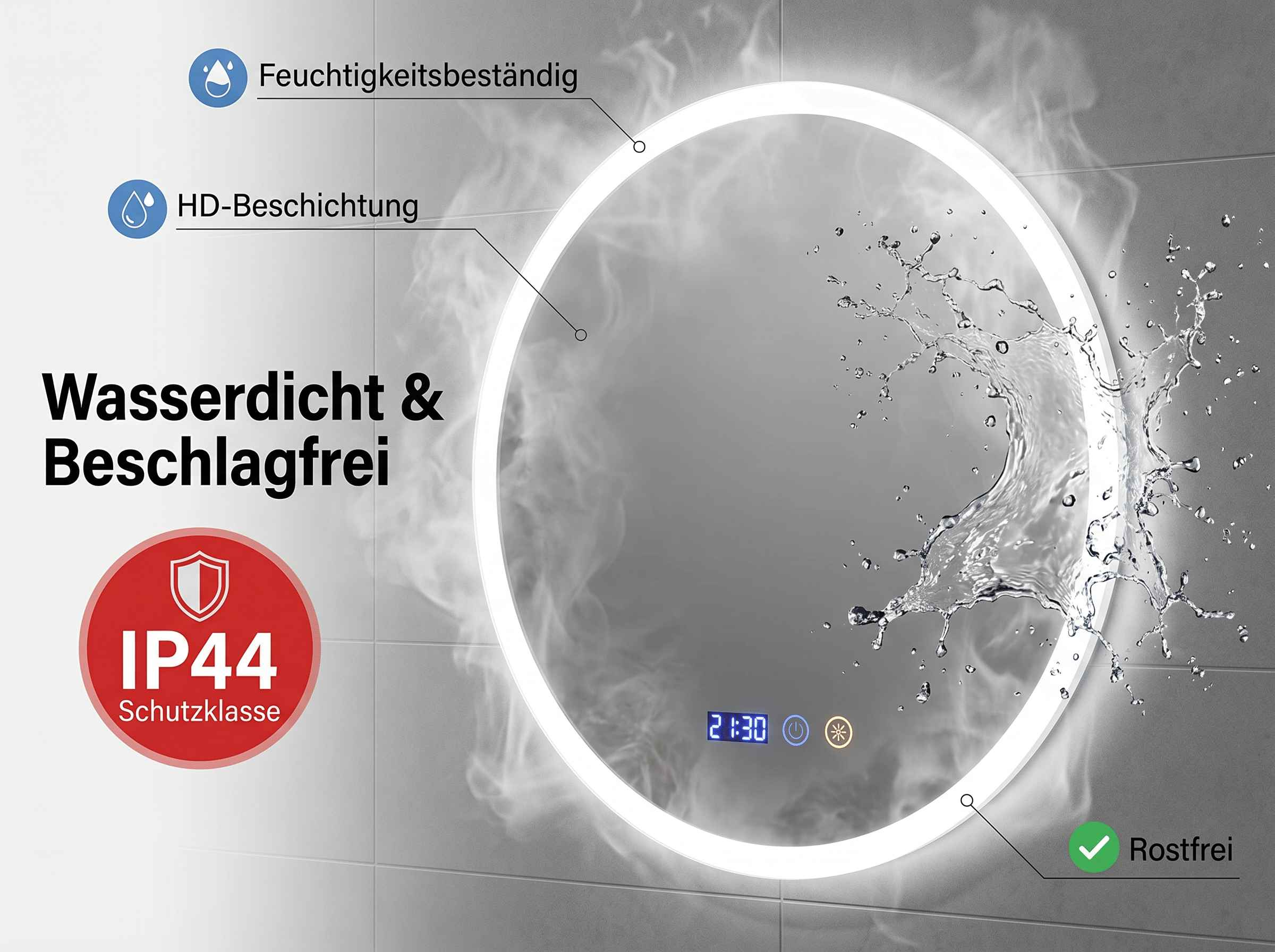 Ein runder Spiegel mit LED-Licht, IP44-Schutz, zeigt Wasserspritzer.