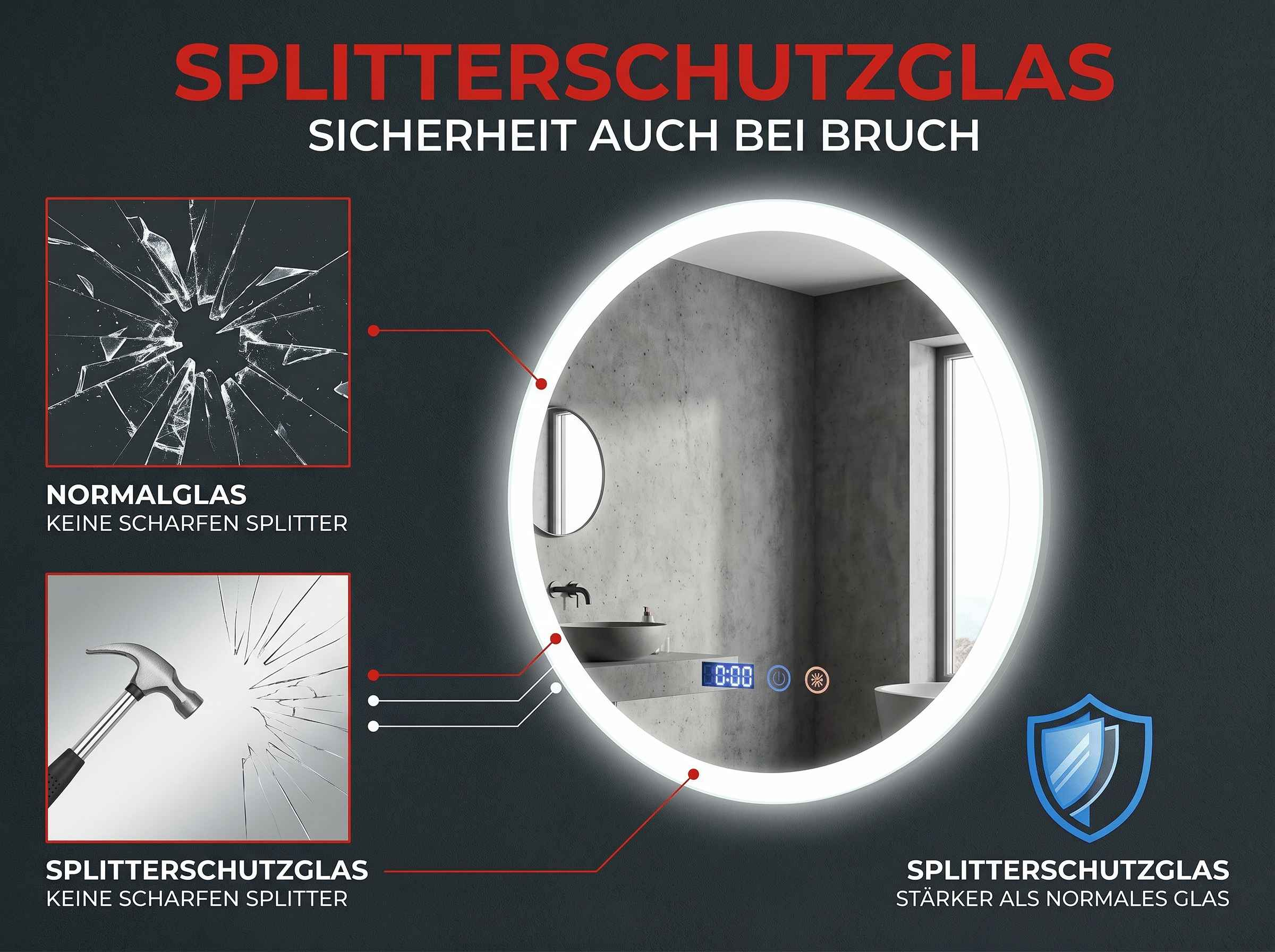 Vergleich von normalem Glas und Splitterschutzglas bei Bruch mit Hammer.