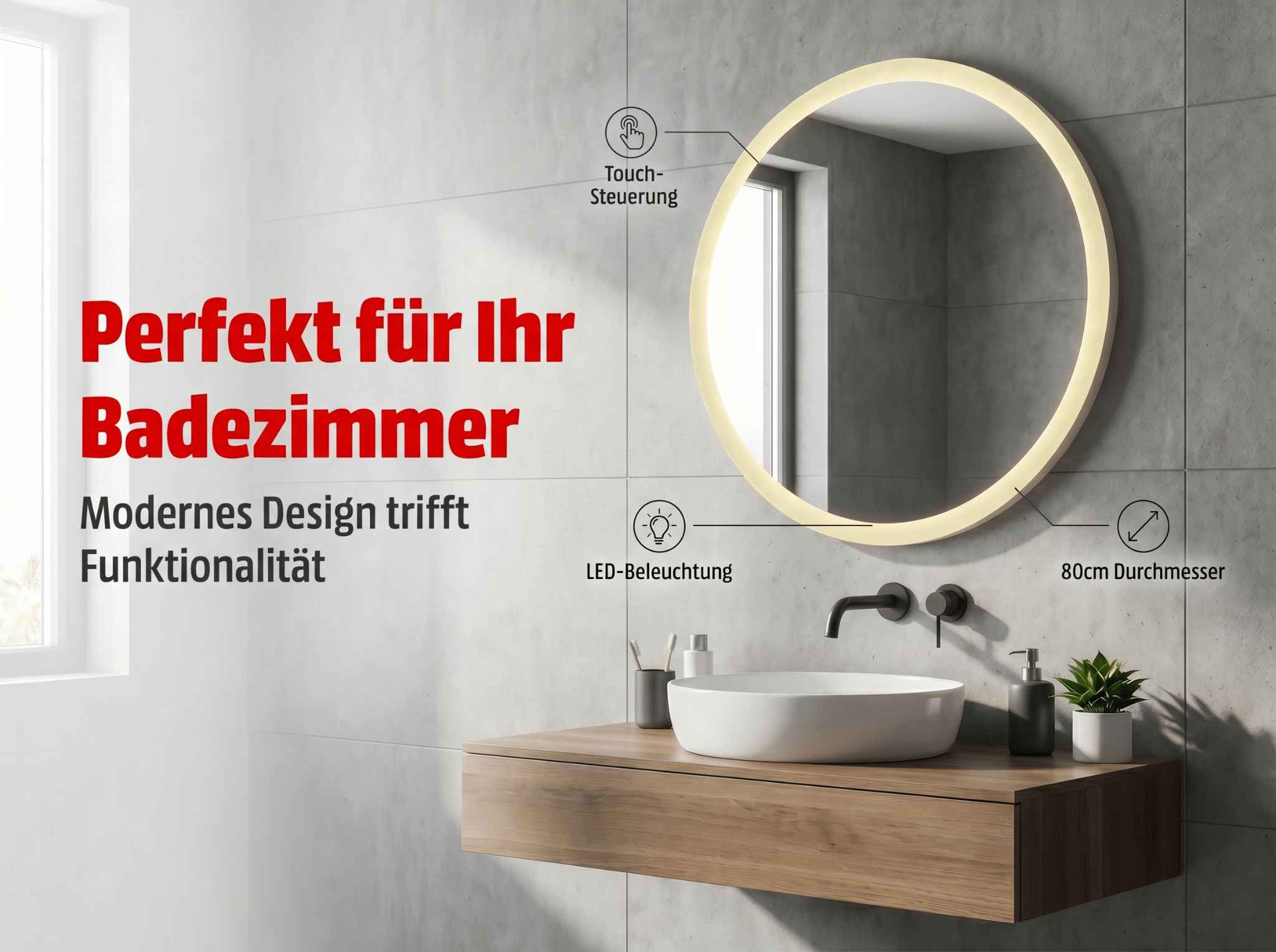 Modernes Bad mit rundem Spiegel, Waschbecken, Armatur und Holzwaschtisch.