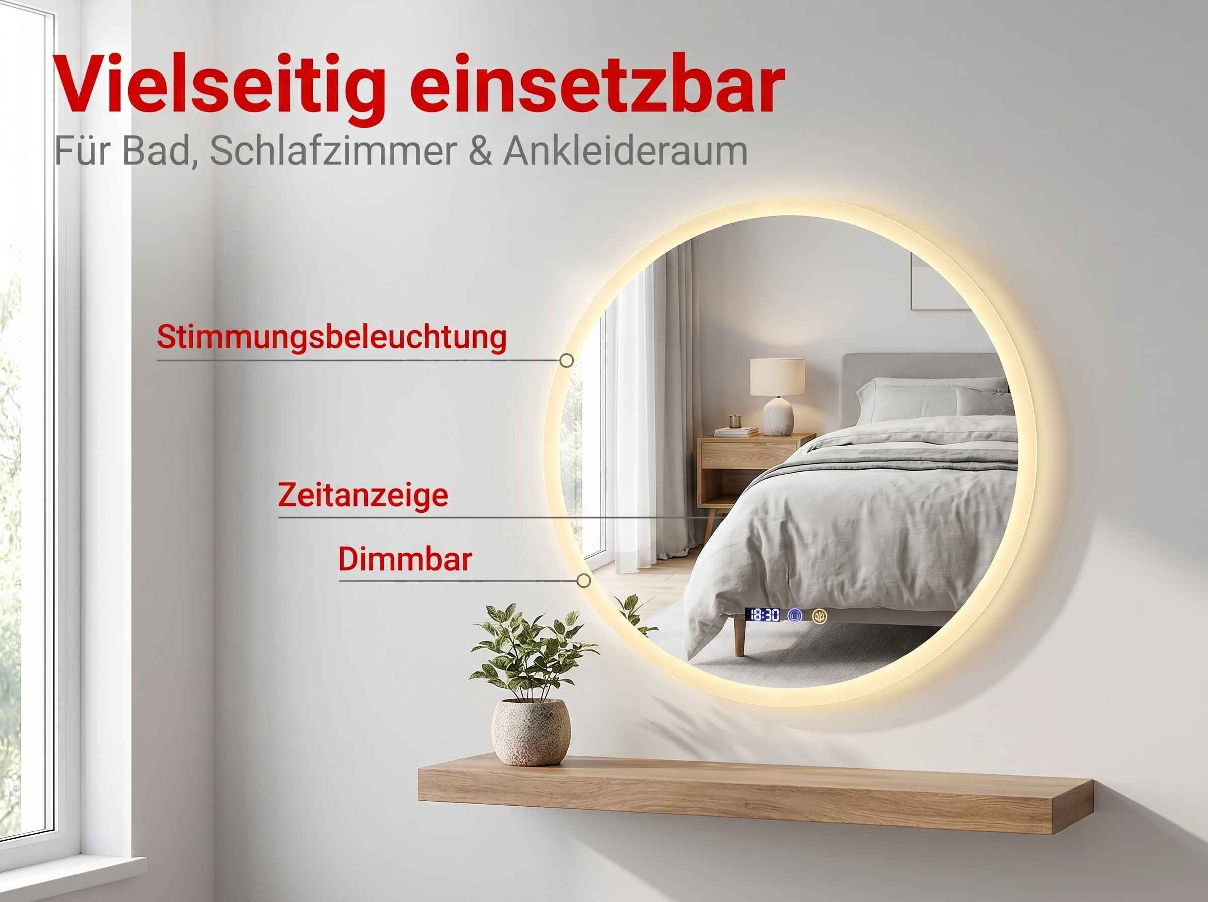 Runder Spiegel mit Beleuchtung, der ein Bett reflektiert. Digitaluhr.
