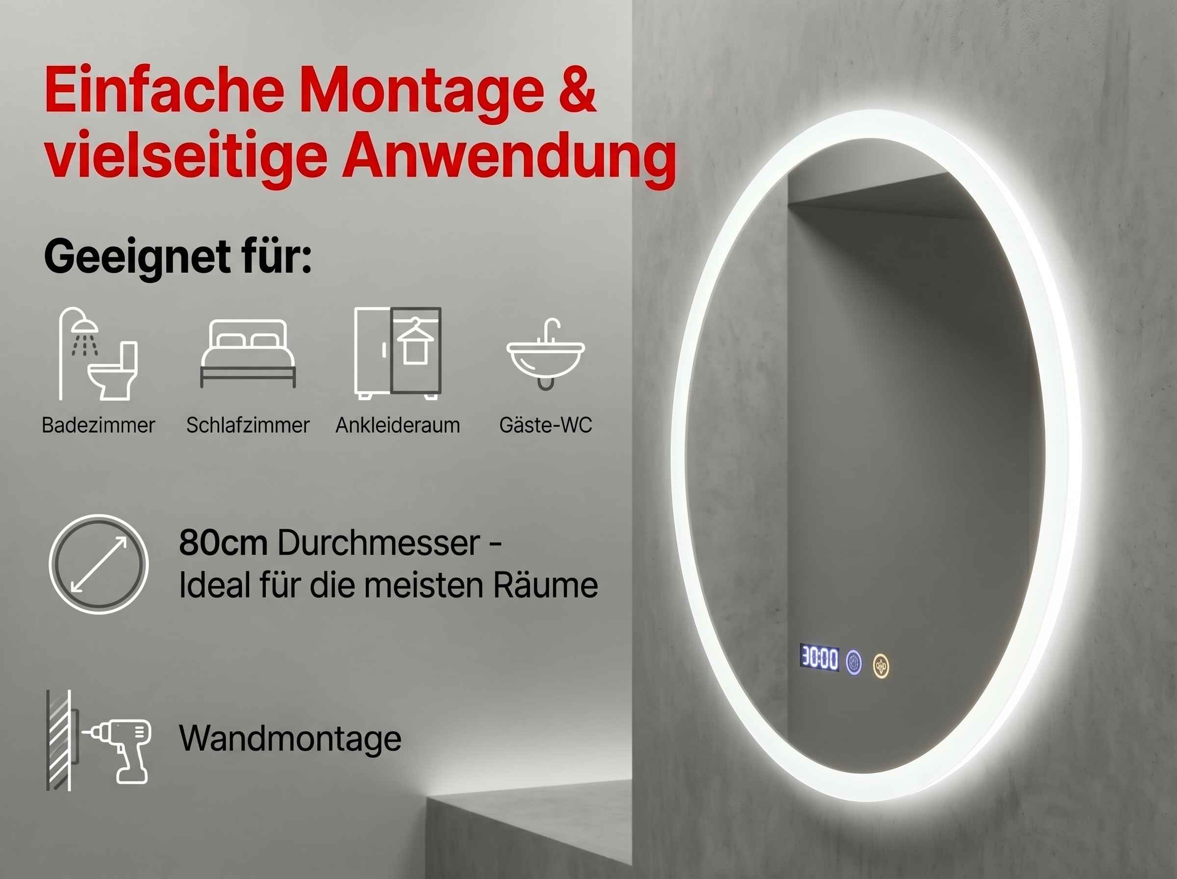 Runder Spiegel mit LED-Beleuchtung, 80cm Durchmesser, für Bad, Schlafzimmer, Garderobe.