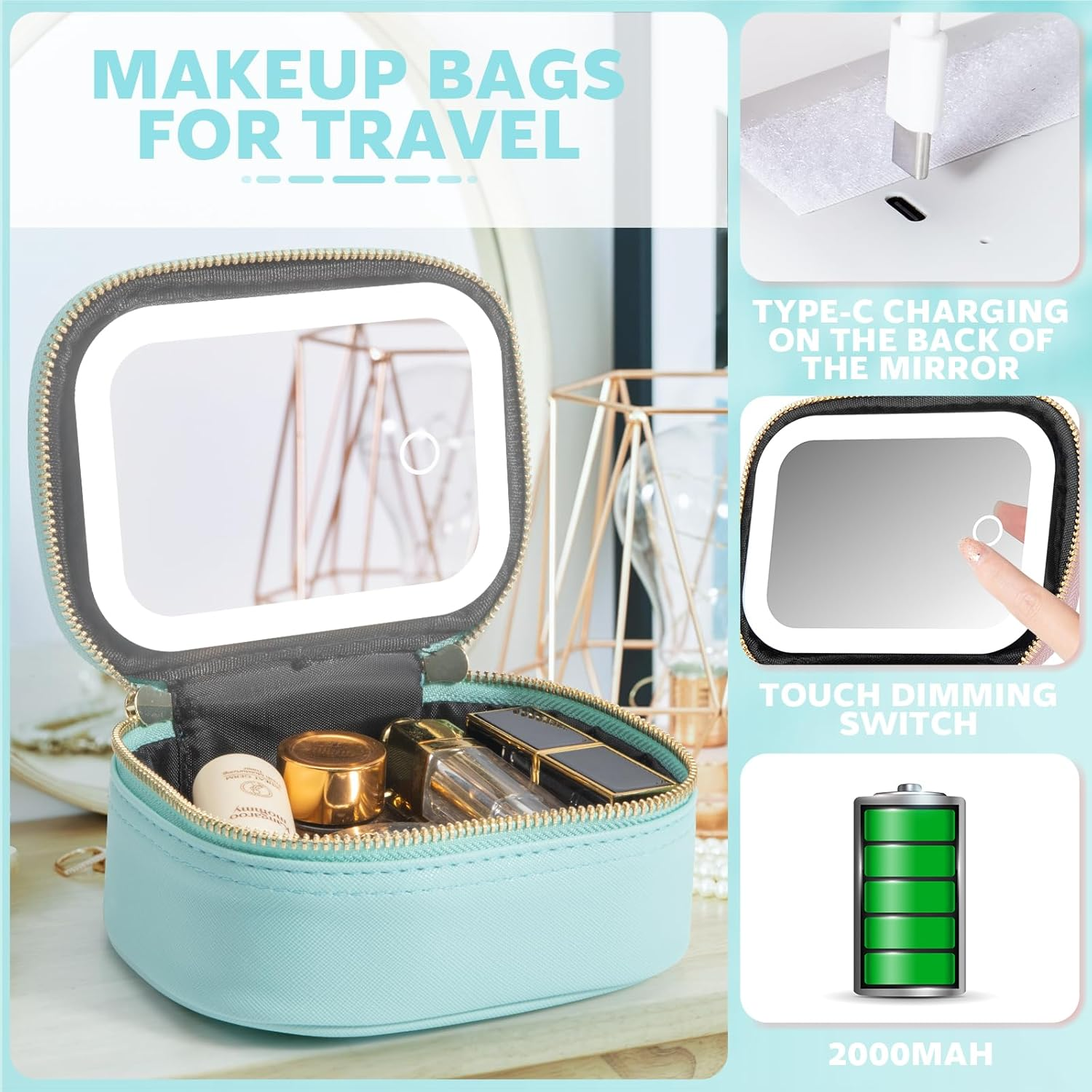 Hellblaue Kosmetiktasche mit beleuchtetem Spiegel und Kosmetik.