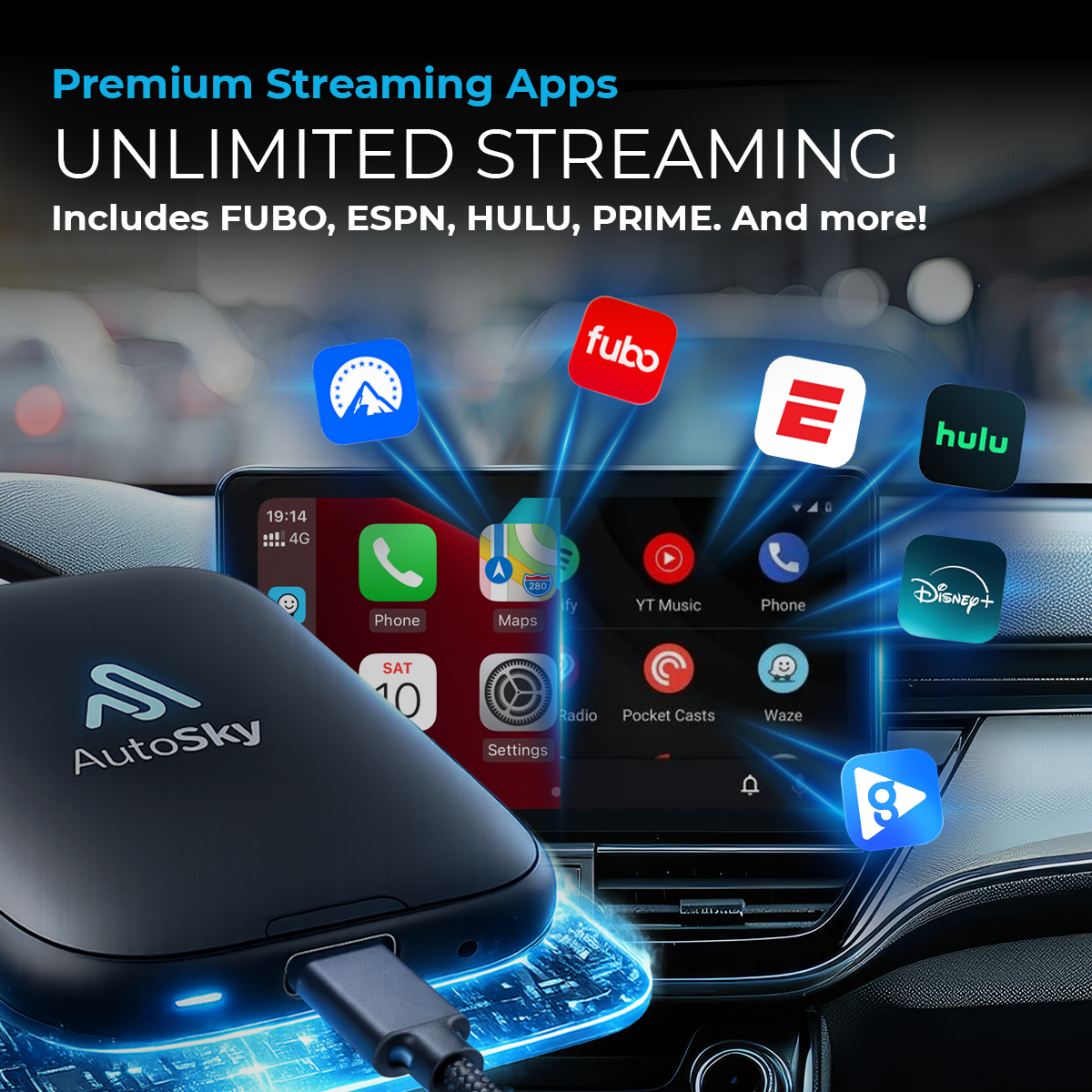 Ein schwarzes Auto-Gadget mit Apps wie fubo, Hulu, Disney+ auf dem Bildschirm.