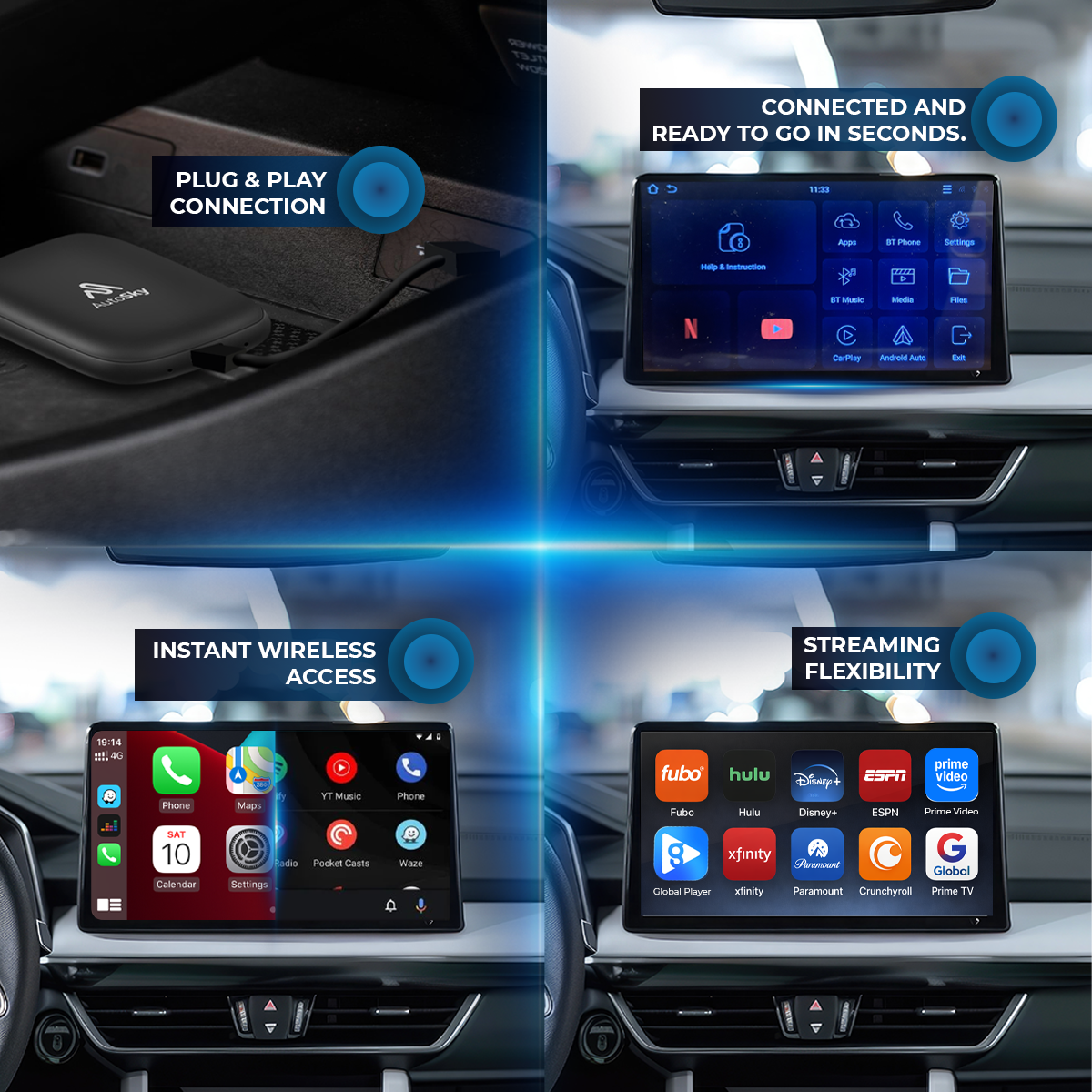 Vier Autoscreens: Plug & Play, verbunden, drahtlos und Streaming.