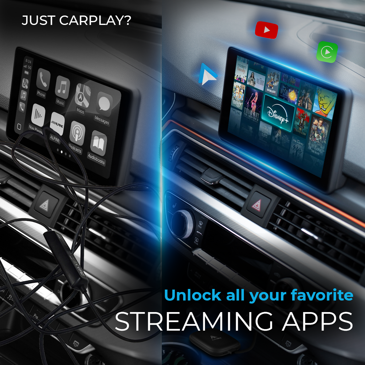 Ein Auto-Infotainment-Bildschirm zeigt CarPlay und dann Streaming-Apps.