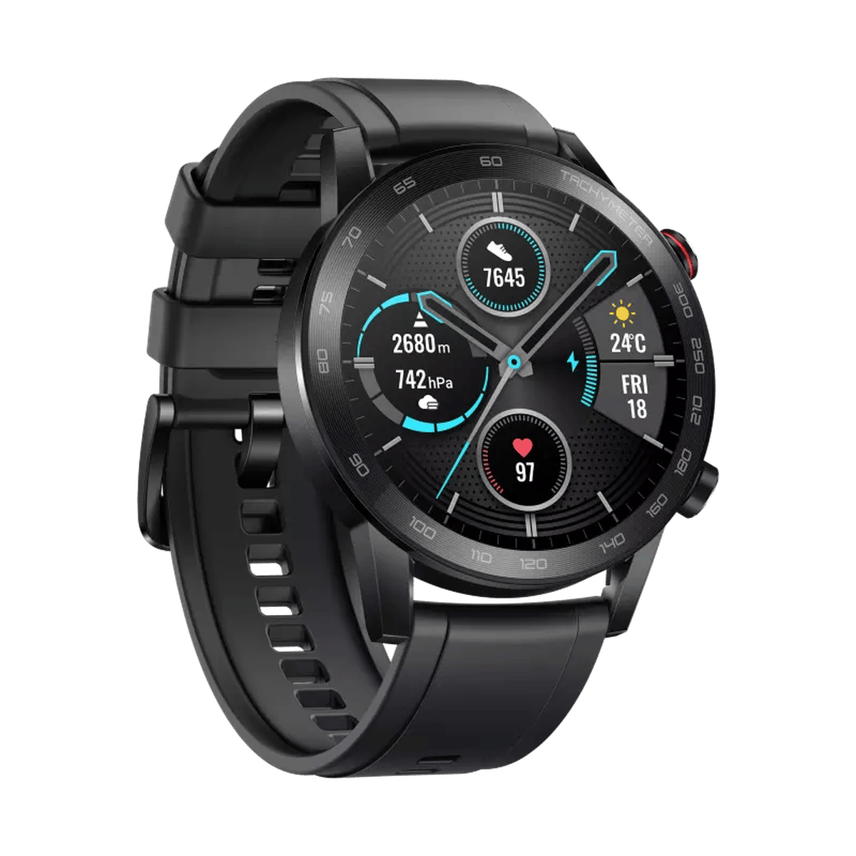 Schwarze Smartwatch mit dunklem Zifferblatt, das Schritte, Höhe, Luftdruck, Herzfrequenz, Wetter und Datum anzeigt.
