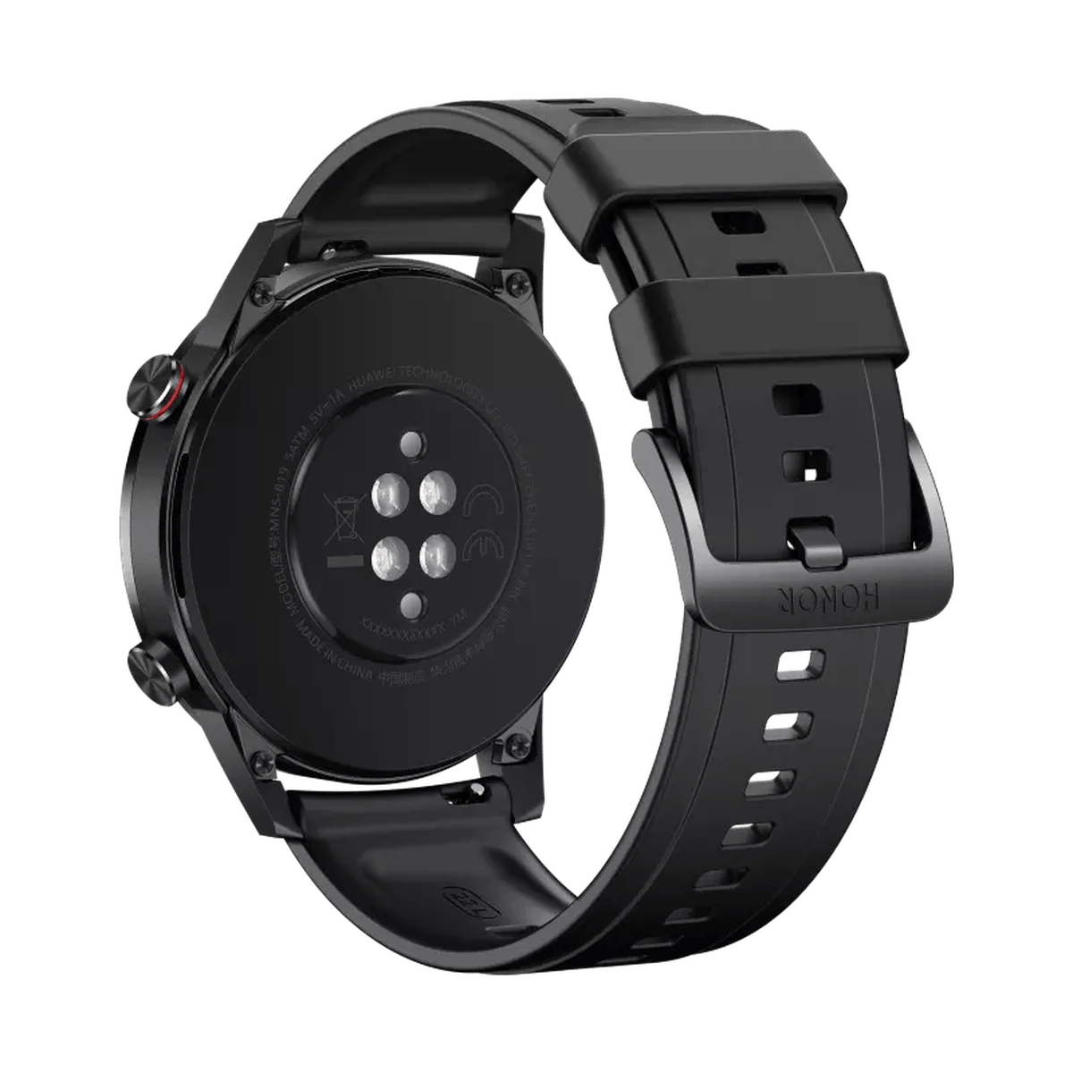 Rückseite einer schwarzen Smartwatch mit Sensoren und dem HONOR-Logo auf dem Band.