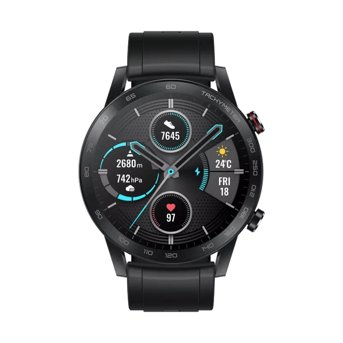 Schwarze Smartwatch mit Zifferblatt, das Schritte, Höhe, Luftdruck und Herzfrequenz anzeigt.
