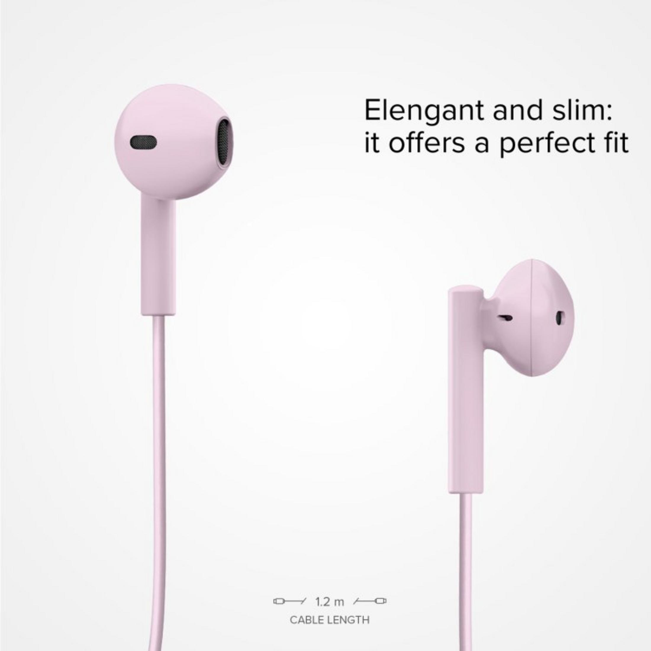 Zwei blassrosa Ohrhörer, einer links, einer rechts. Kabel ist 1,2 m lang.
