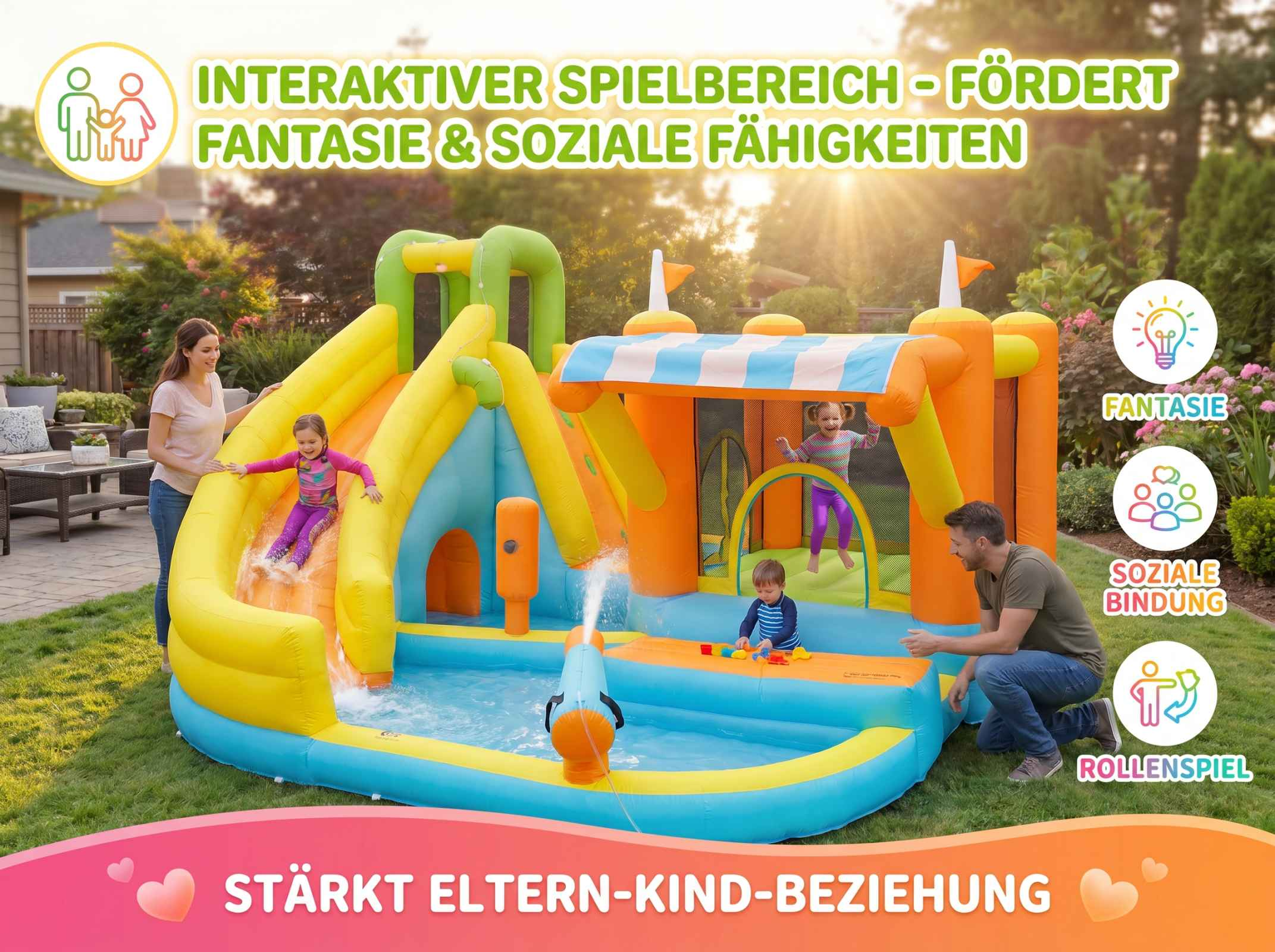 Bunte Hüpfburg mit Rutsche und Pool im Garten, Kinder spielen.