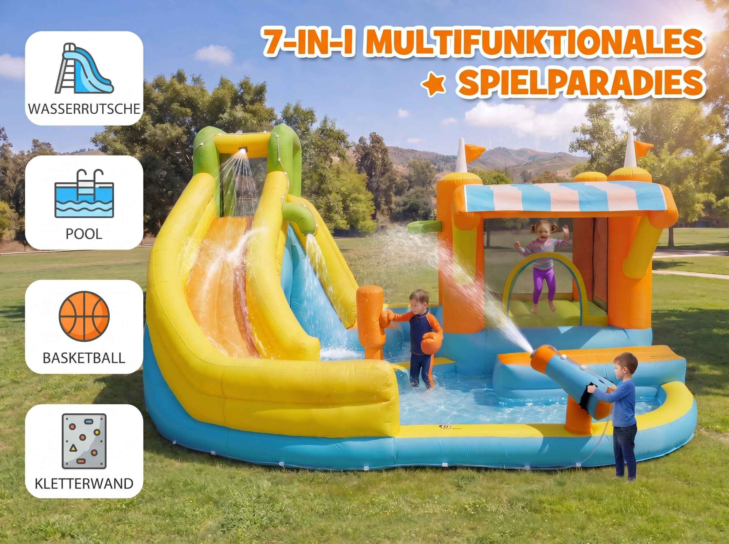 Ein aufblasbares Spielparadies mit Rutsche, Pool, Basketball und Kletterwand.