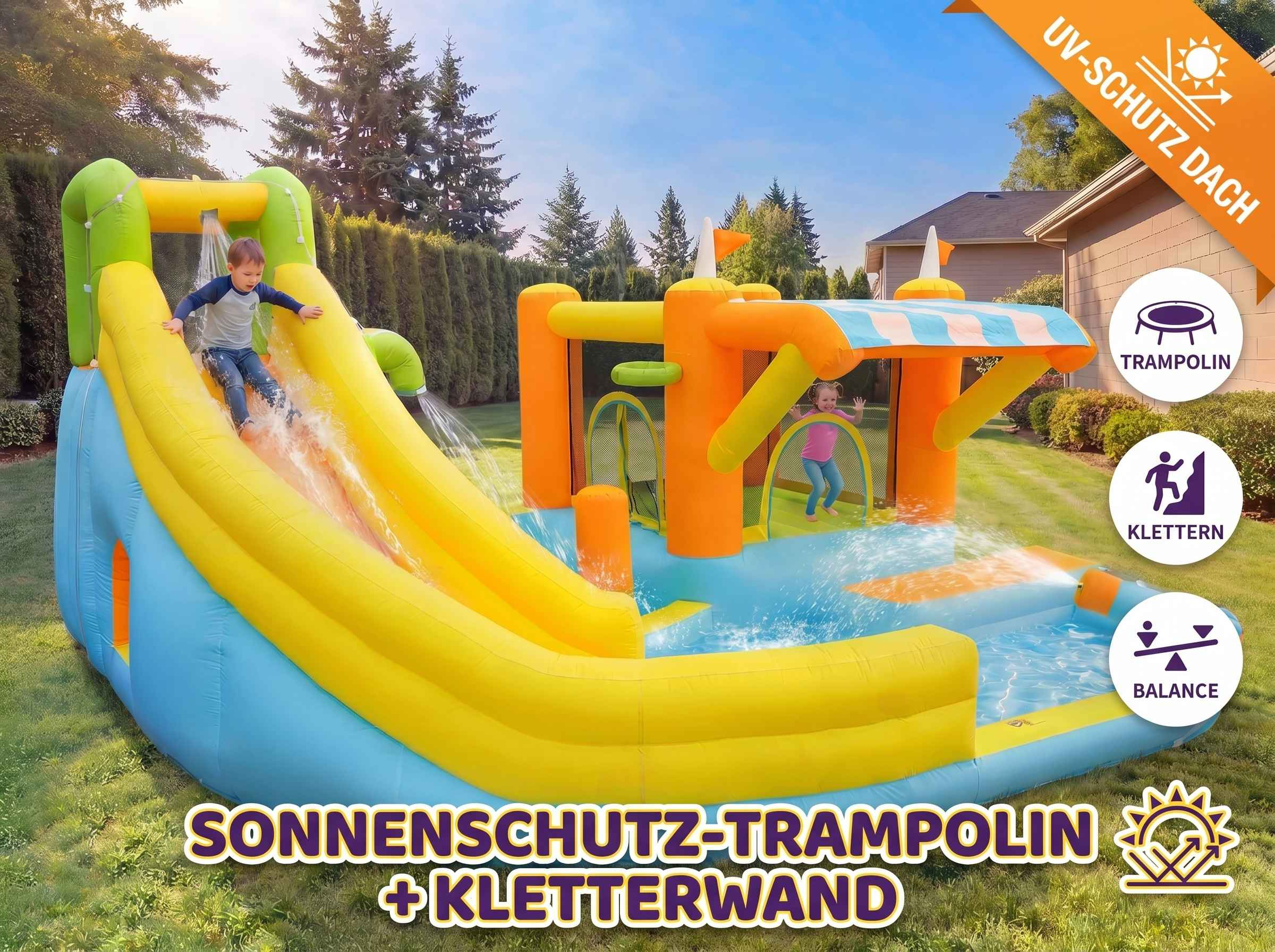 Aufblasbare Wasserrutsche mit Trampolin und Kletterwand für Kinder im Garten.