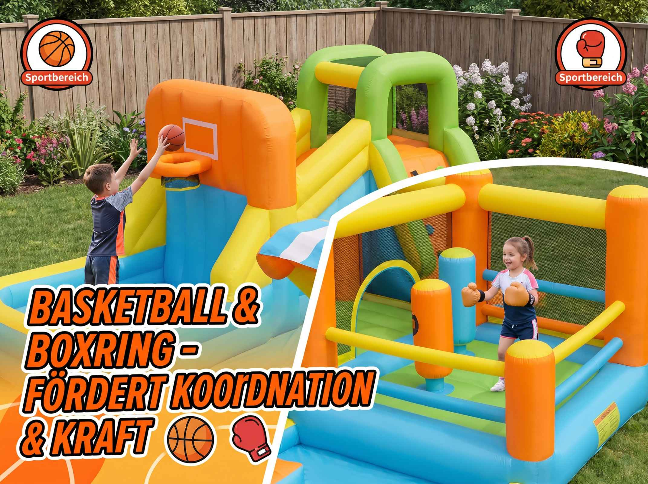 Kinder spielen in einer bunten aufblasbaren Arena mit Basketballkorb und Boxring.