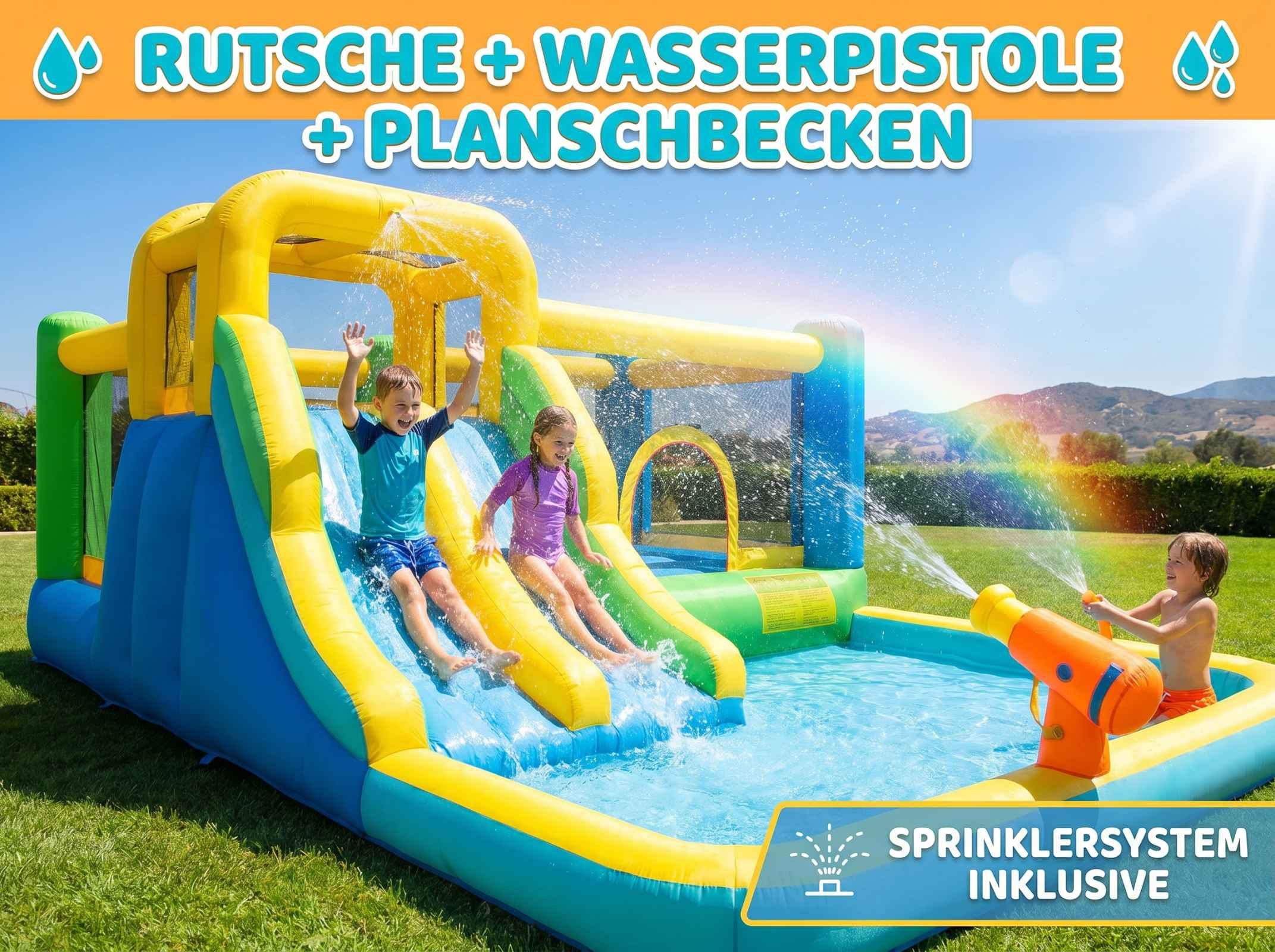 Kinder rutschen auf einer aufblasbaren Wasserrutsche mit einem Planschbecken und einer Wasserpistole.