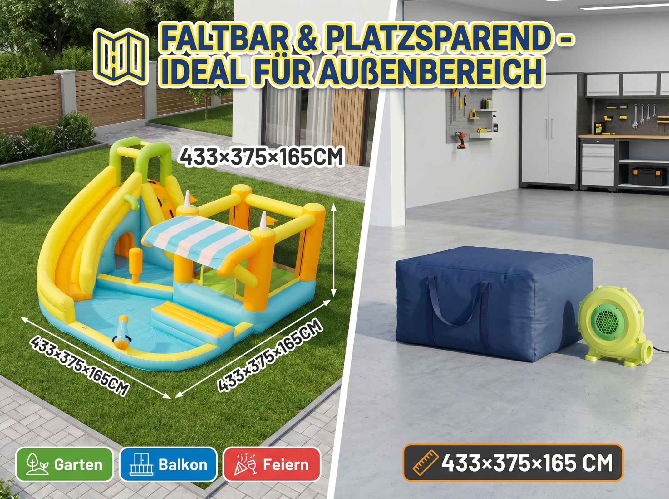 Aufblasbare Wasserrutsche mit Pool und Gebläse, Maße 433x375x165cm.