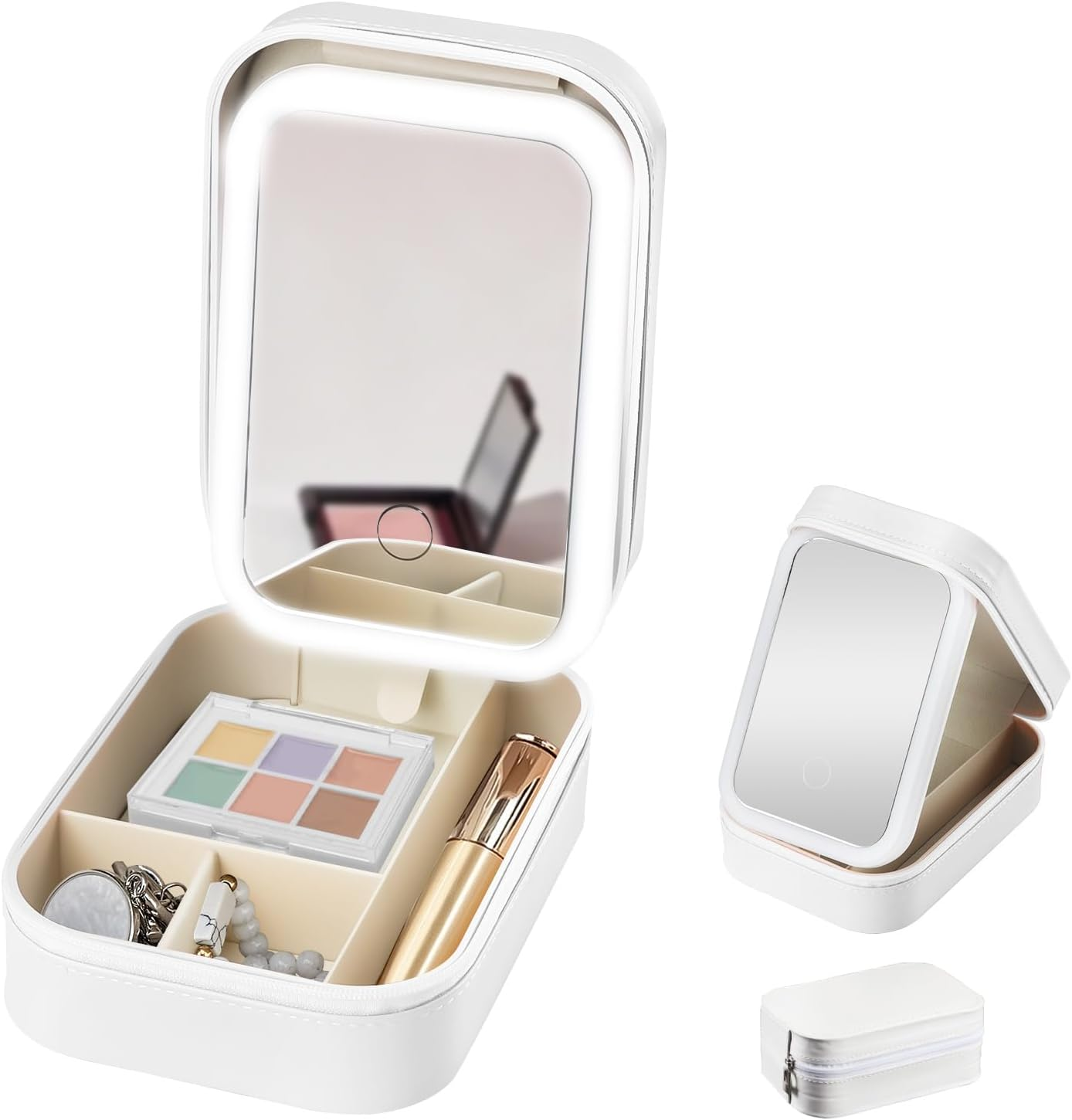 Weiße Schminktasche mit LED-Spiegel, Lidschattenpalette, Lippenstift und Schmuck.