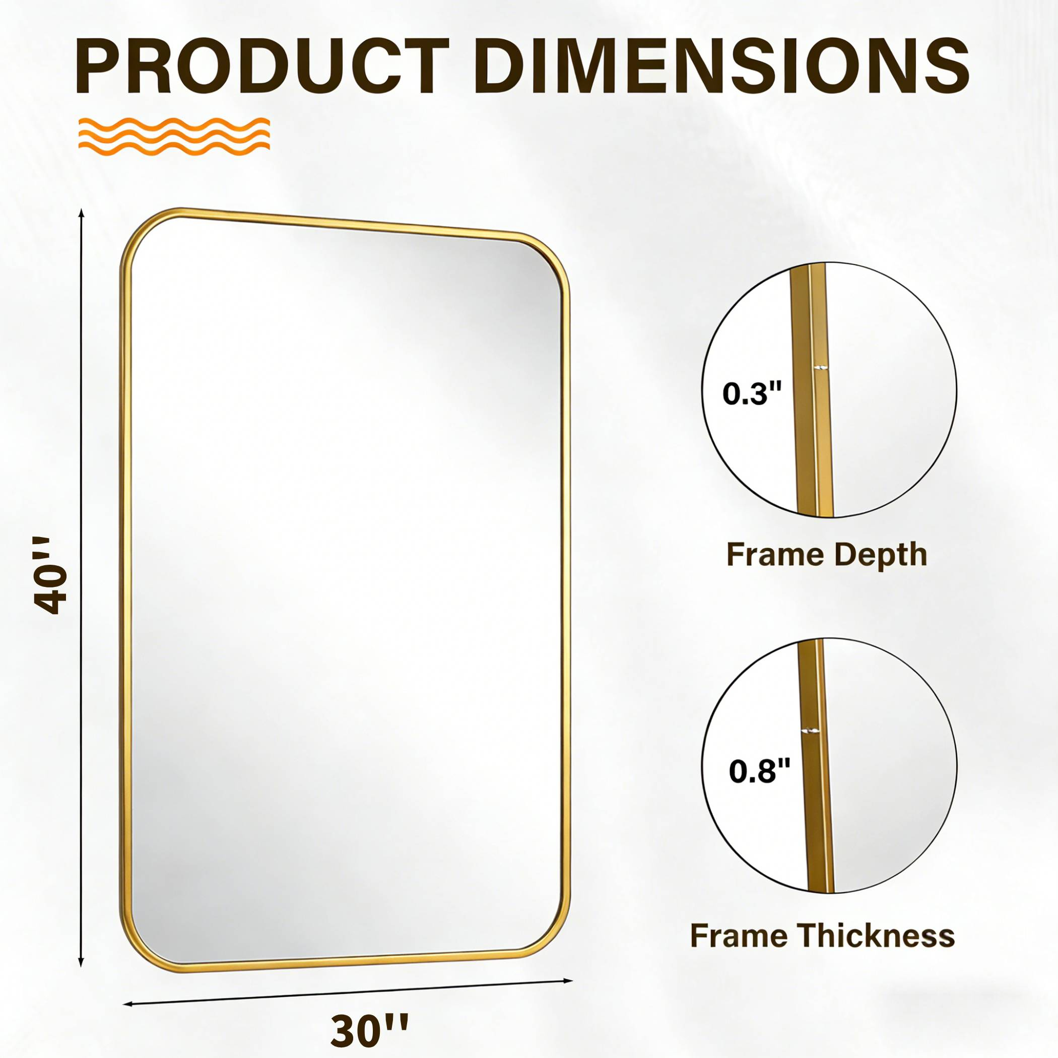 Rechteckiger goldener Spiegel, 40" H x 30" B. Rahmentiefe 0,3", Dicke 0,8".