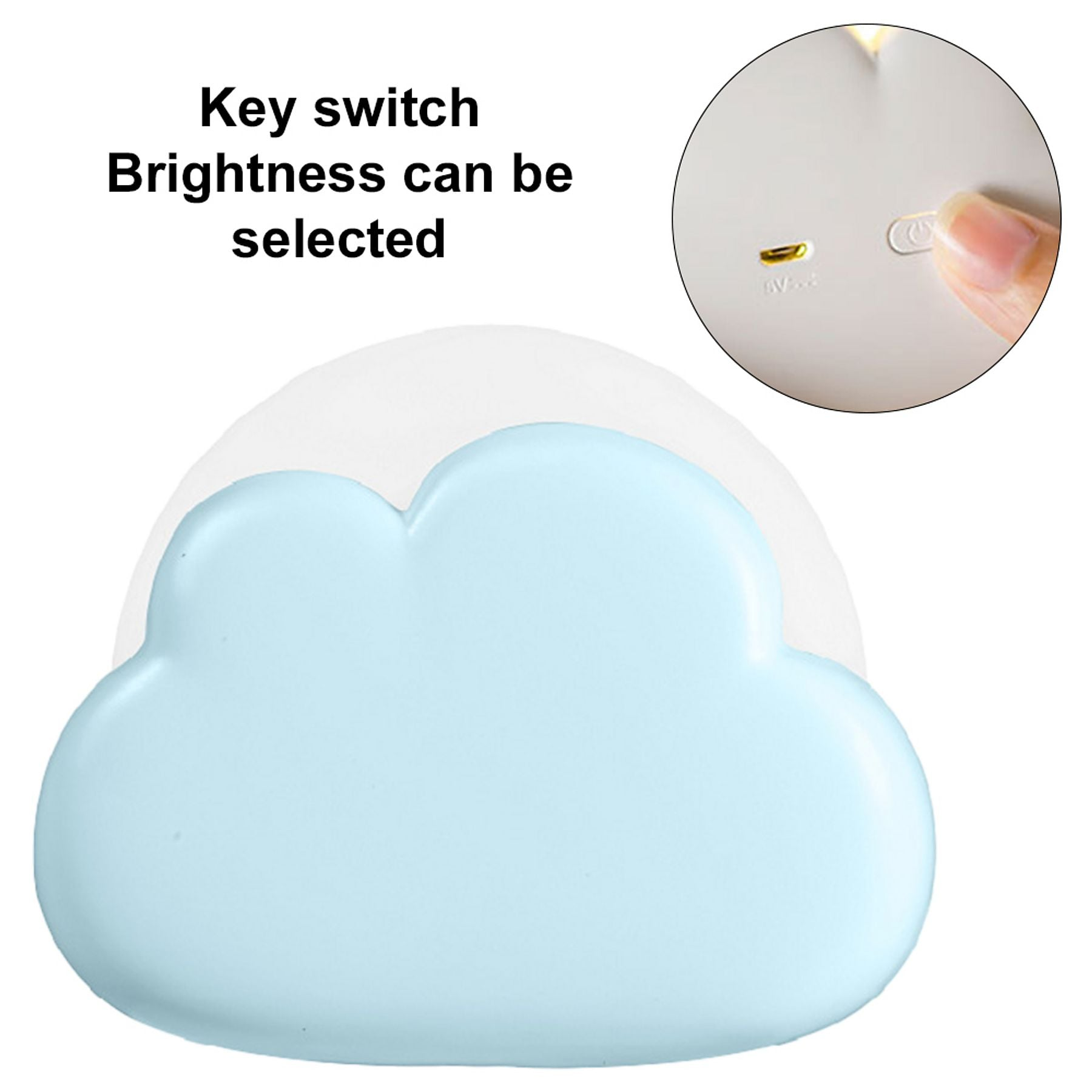 Ein hellblaues Nachtlicht in Wolkenform mit einem Schalter und einer USB-Buchse.