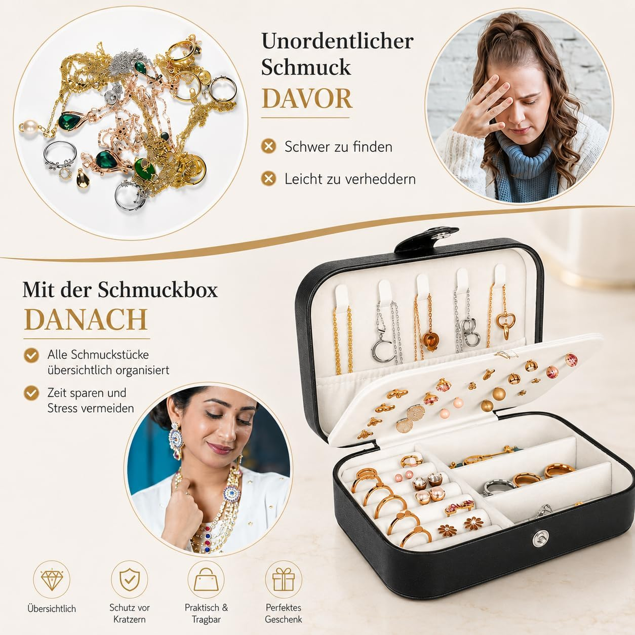 Schmuckbox mit organisierten Ketten, Ringen, Ohrringen und Armbändern. Vorher/Nachher Vergleich.
