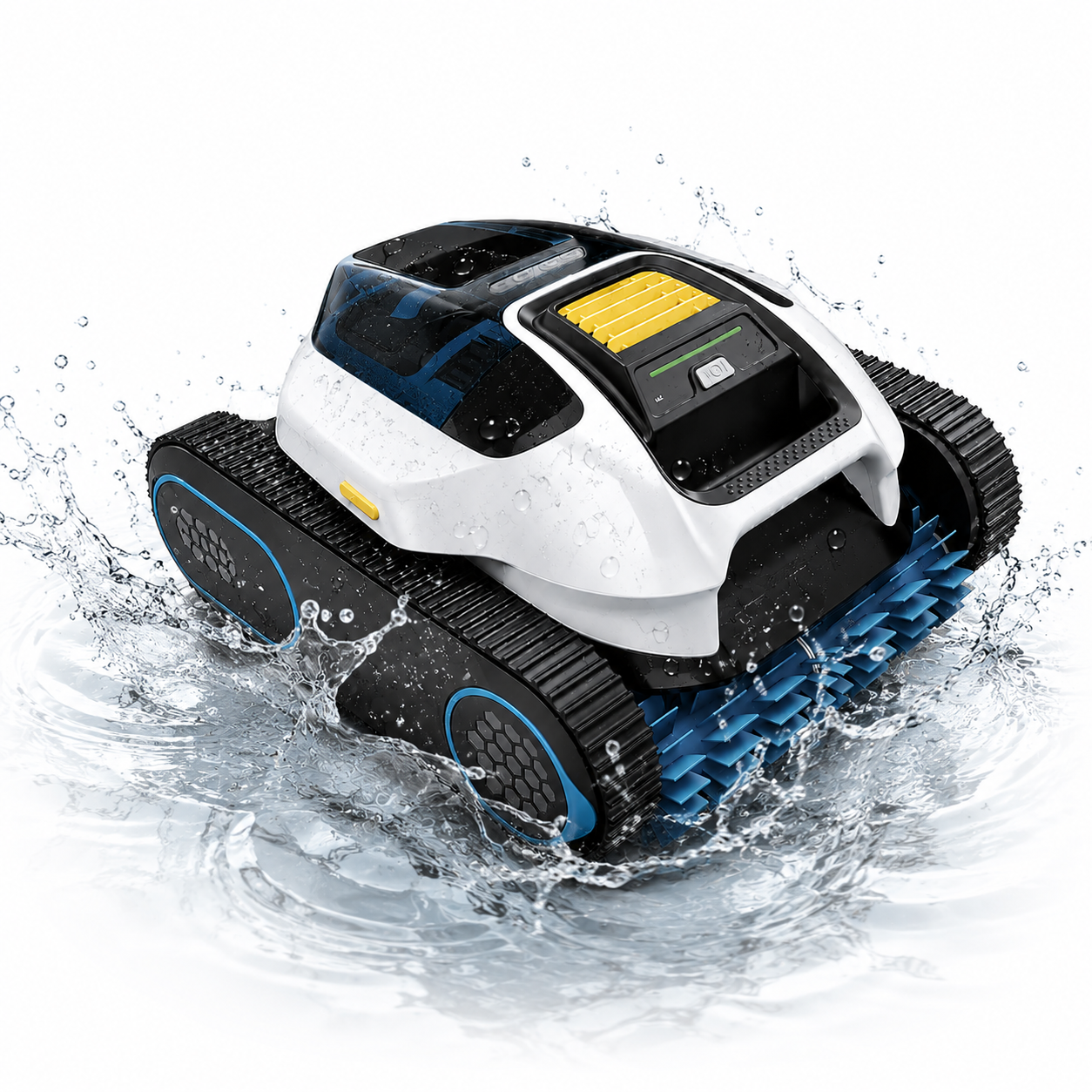 Ein weißer und schwarzer Poolroboter mit blauen Akzenten im Wasser.