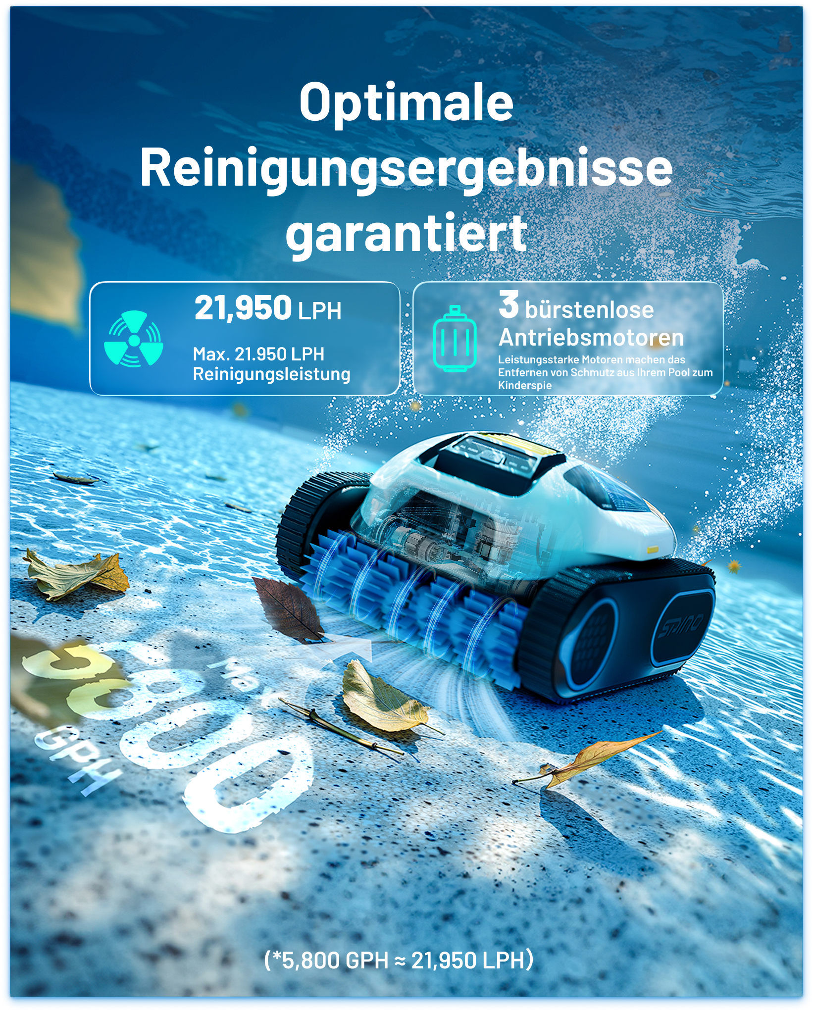 Ein Poolreiniger mit Bürsten saugt Schmutz und Blätter vom Poolboden auf.