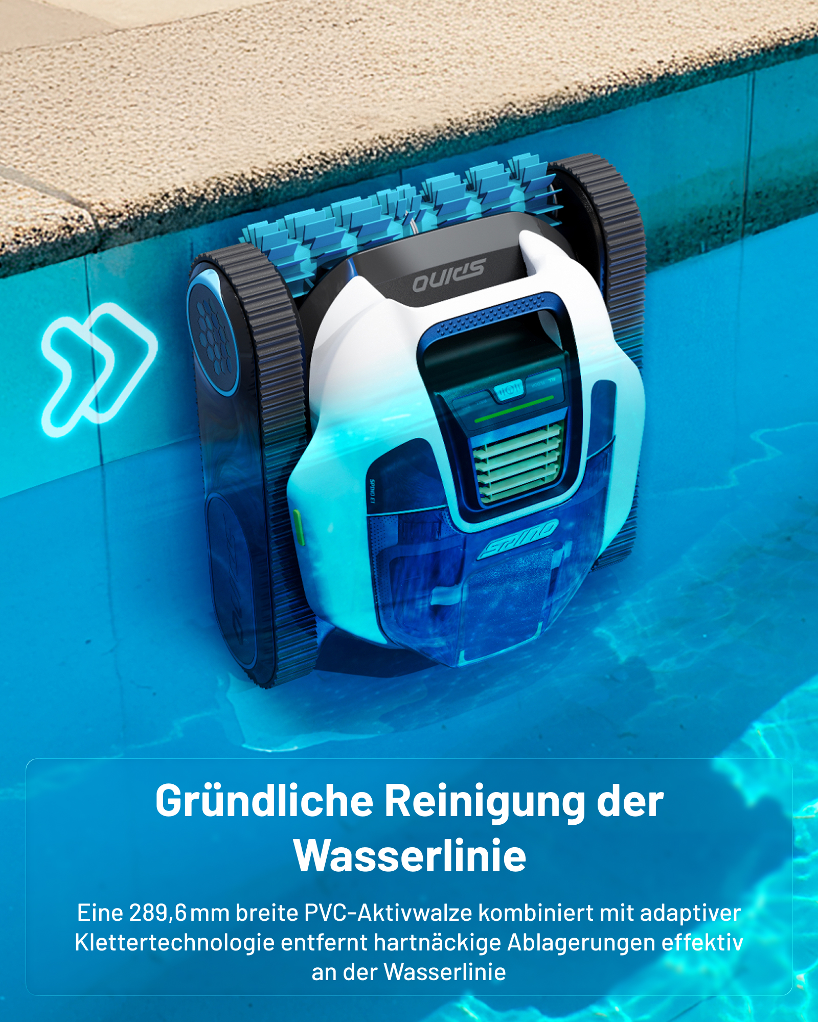 Ein Poolroboter reinigt die Wasserlinie eines Pools mit seinen Bürsten.