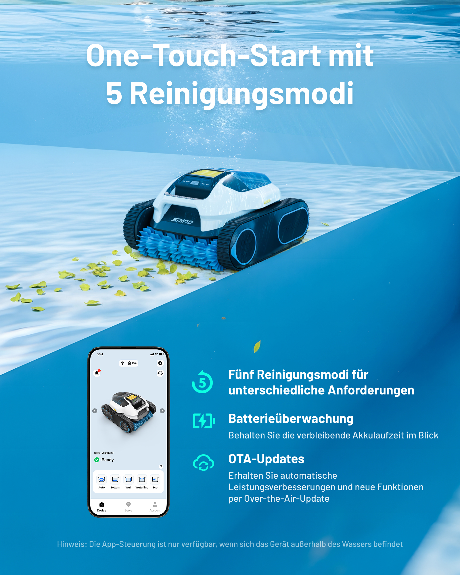 Ein Poolreiniger saugt Blätter auf, daneben ist ein Smartphone mit App.