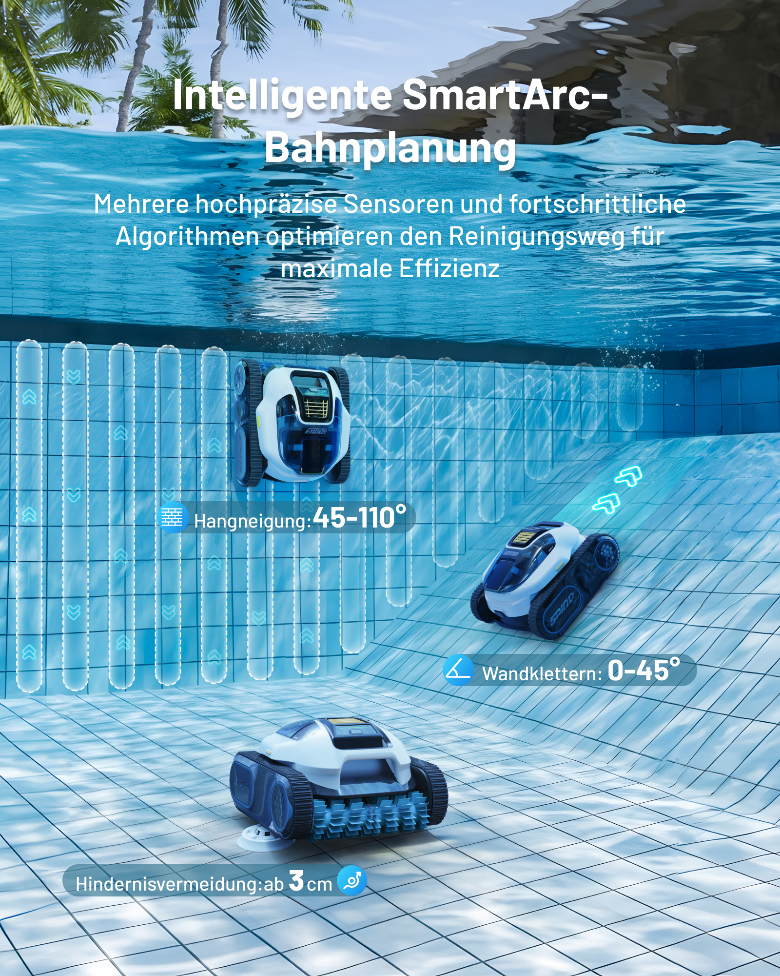 Drei Poolroboter in einem Pool, die intelligente Routenplanung demonstrieren.