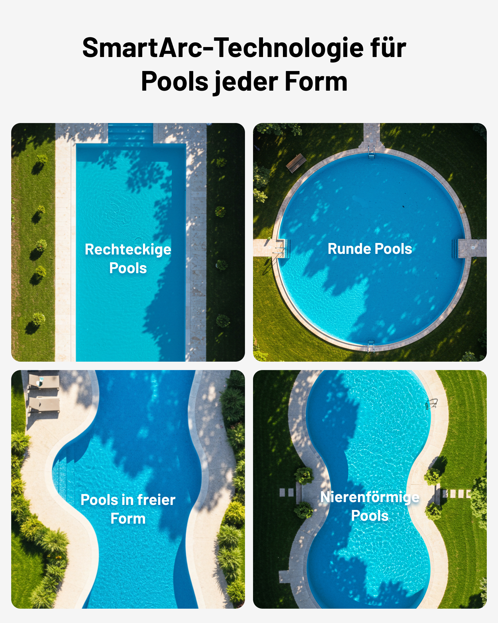 Vier Ansichten von Pools von oben: rechteckig, rund, freiform und nierenförmig.