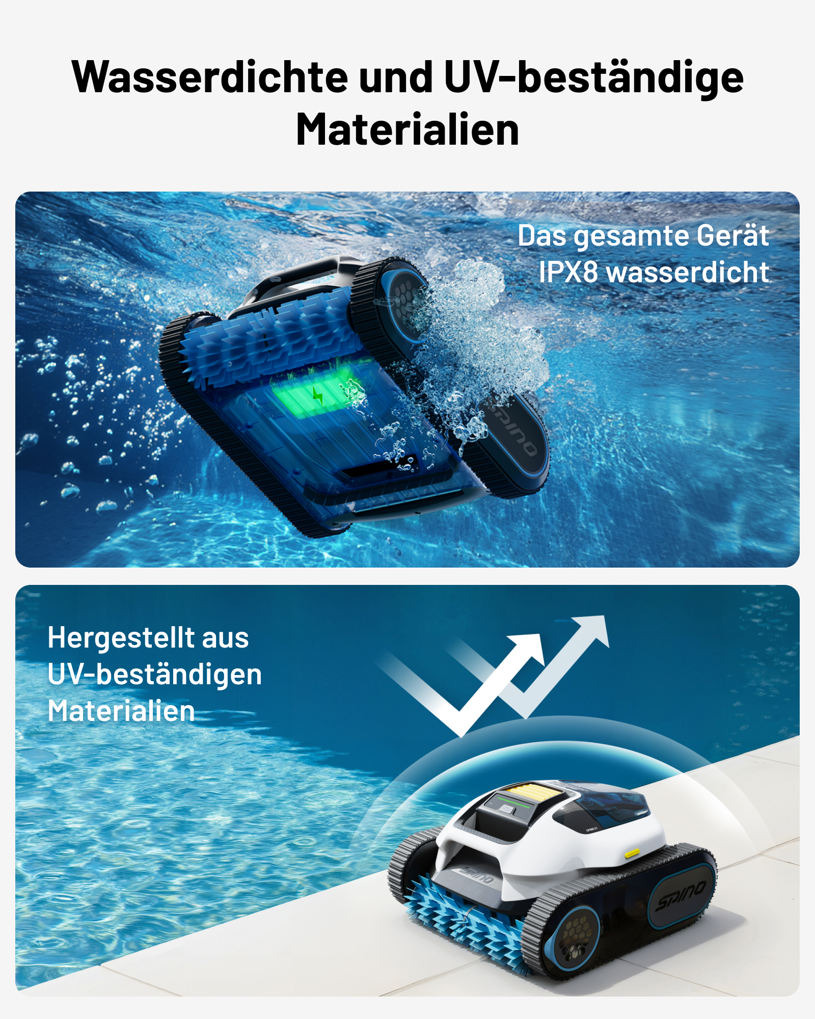 Ein Poolroboter unter Wasser und ein Poolroboter am Beckenrand.