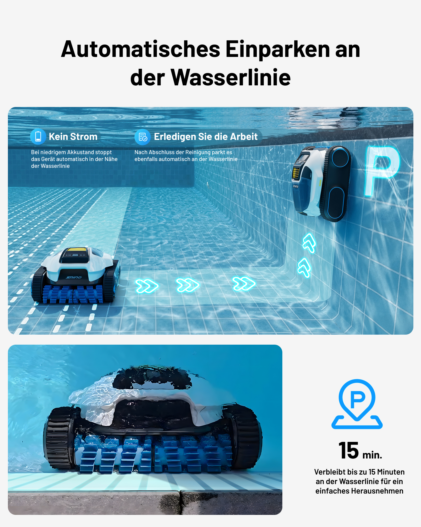 Ein Poolroboter parkt automatisch an der Wasserlinie. Mehrere Ansichten.