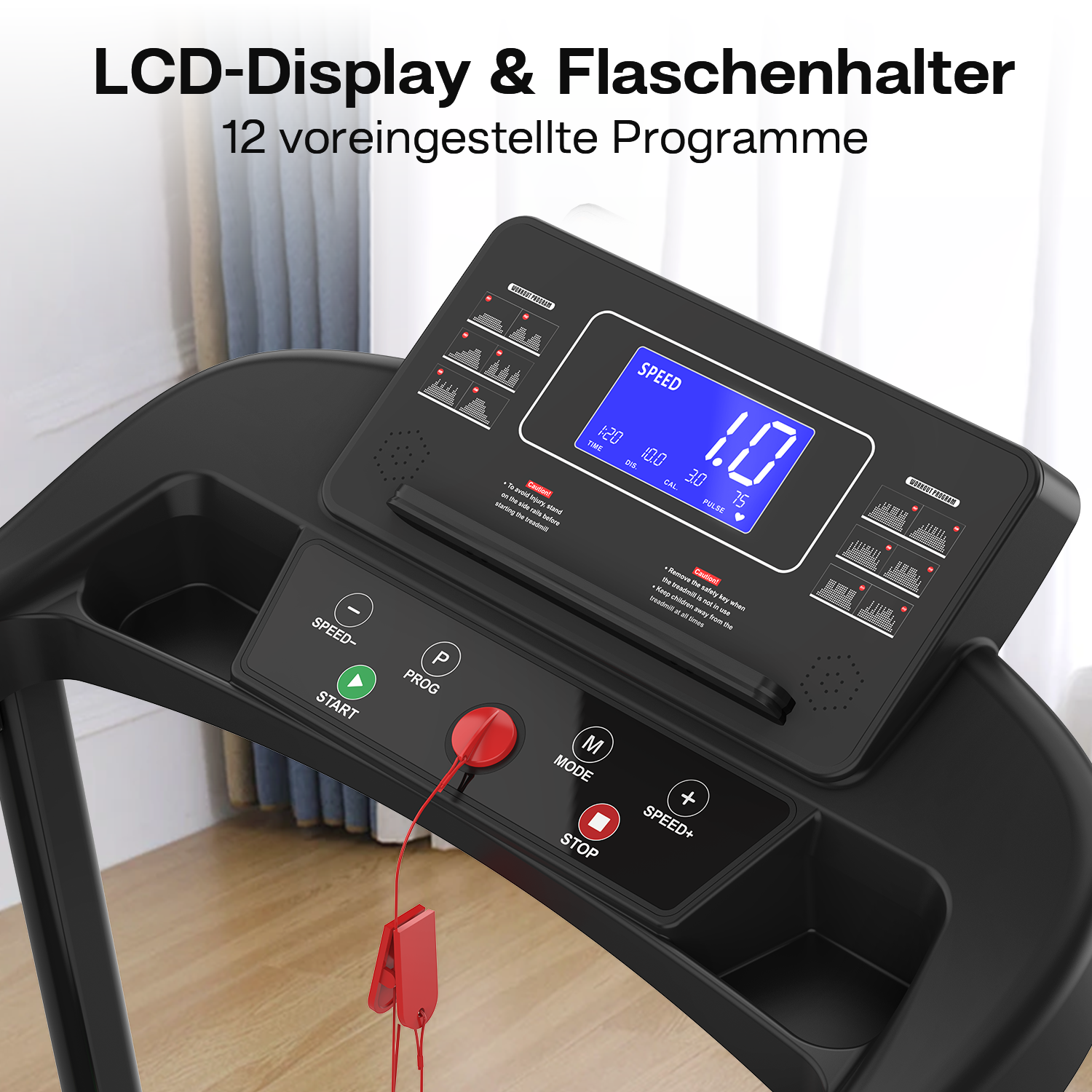 Das Bedienfeld eines Laufbands mit LCD-Anzeige, Tasten und Flaschenhalter.