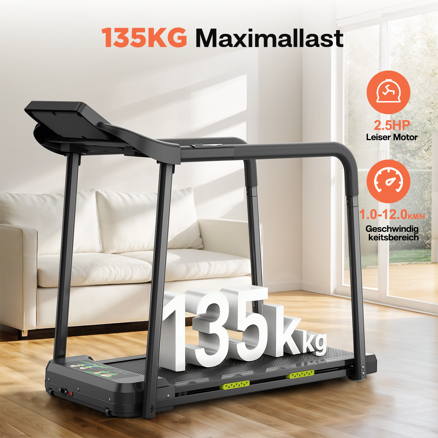 Schwarzer Laufband mit 135kg Maximalgewicht, 2.5PS Motor, 1-12km/h.