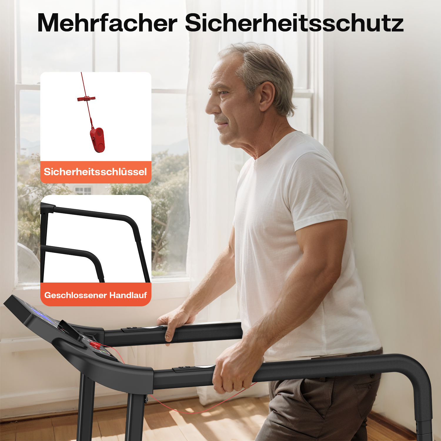Mann auf Laufband mit Sicherheitsclip und Griff. Mehrfacher Sicherheitsschutz.