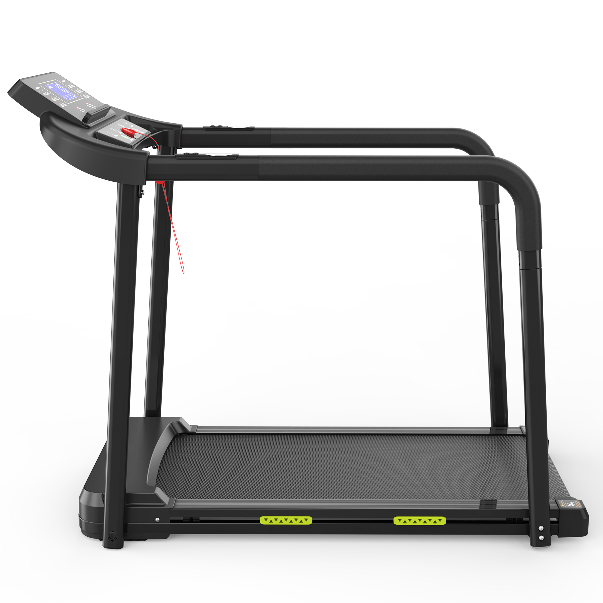 Schwarzes Laufband mit Display, Griffen und rotem Not-Aus-Seil.