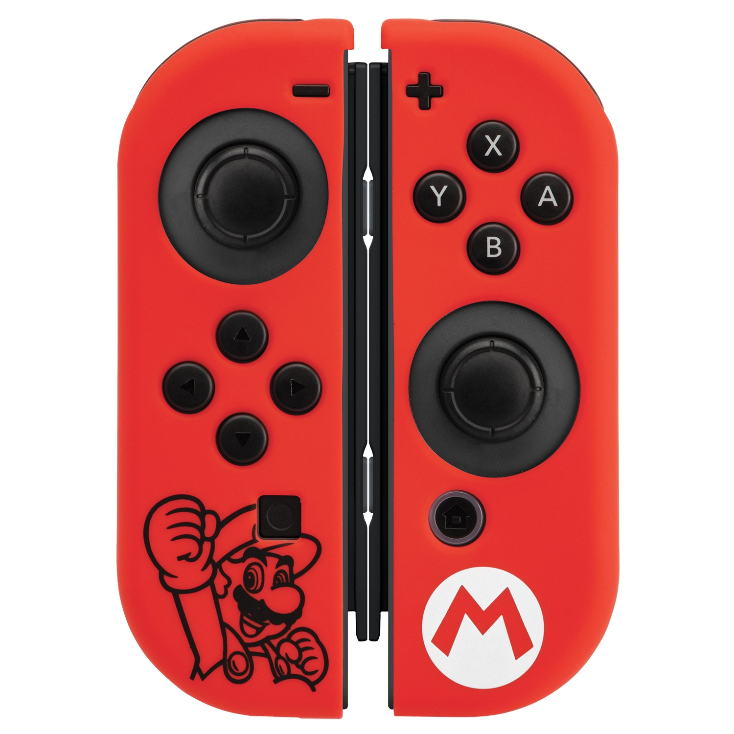 Czerwone kontrolery Joy-Con Nintendo Switch z grafiką Mario i logo M.