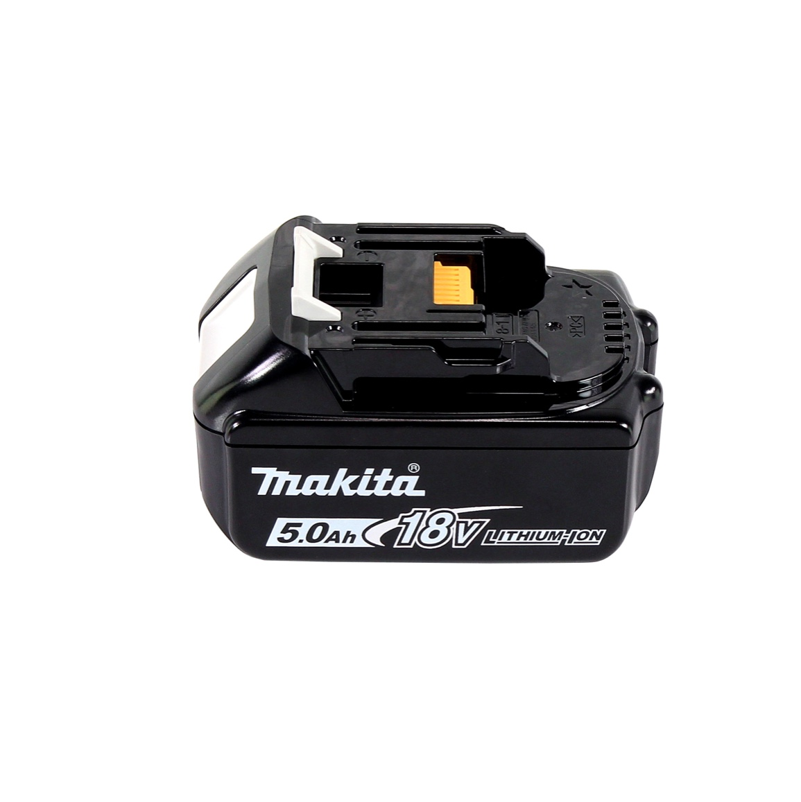 Schwarzer Makita 18V 5.0Ah Lithium-Ionen-Akku mit gelbem Verriegelungsmechanismus.