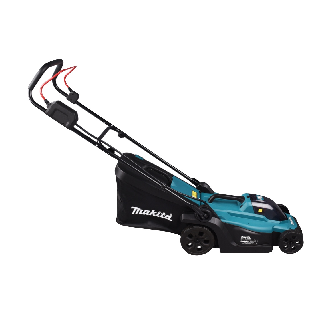 Ein teal- und schwarzfarbener Makita Akku-Rasenmäher mit Fangkorb.