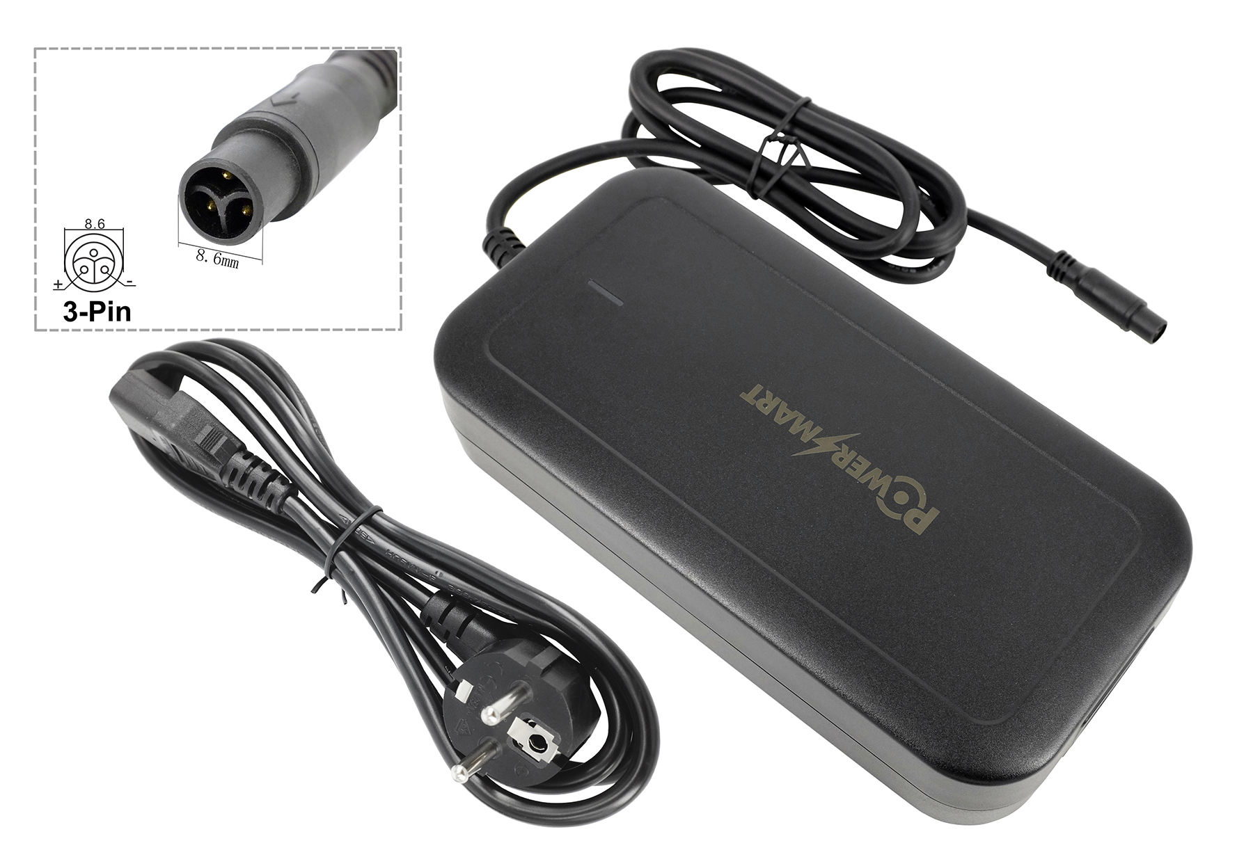 Schwarzer Netzadapter mit Kabeln und 3-Pin-Anschluss. Maße und Details sind abgebildet.
