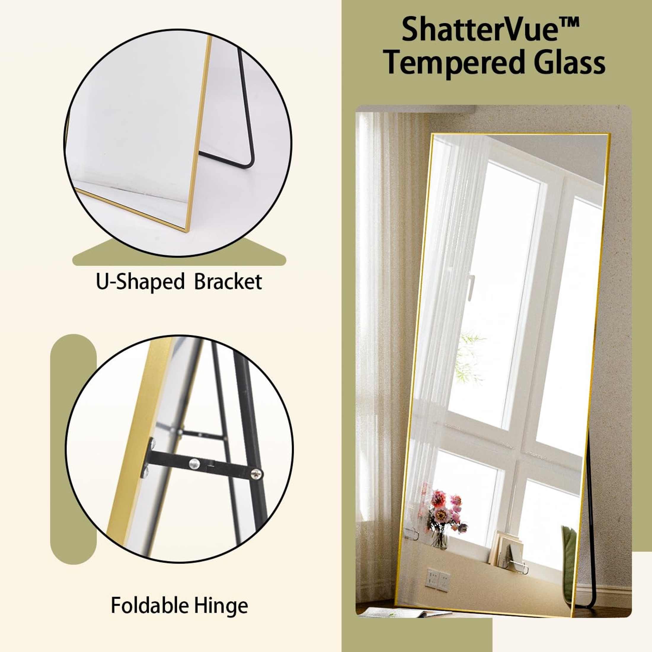 Ein großer Spiegel mit goldenem Rahmen steht vor einem Fenster mit weißen Vorhängen.