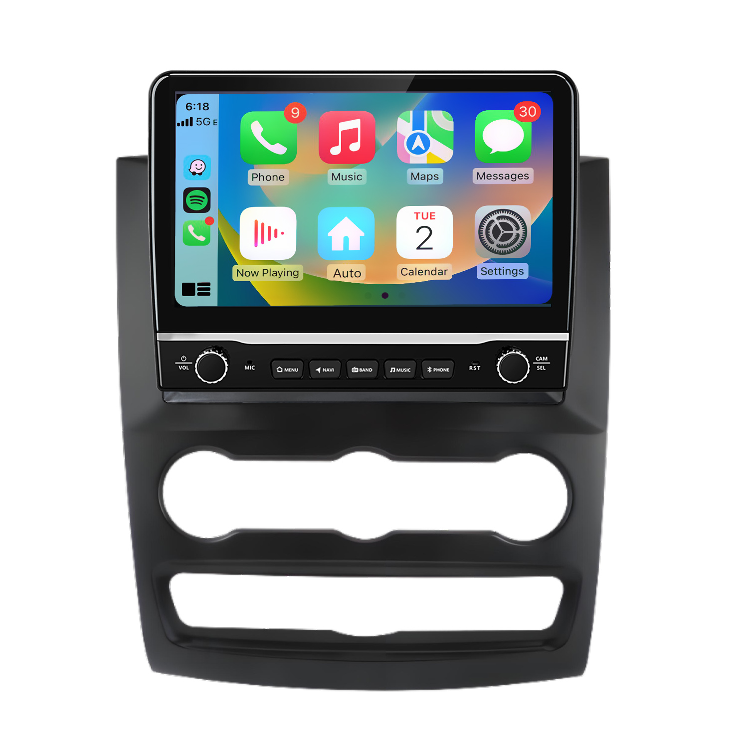 Ein moderner Auto-Infotainment-Bildschirm mit App-Symbolen und Bedienelementen.