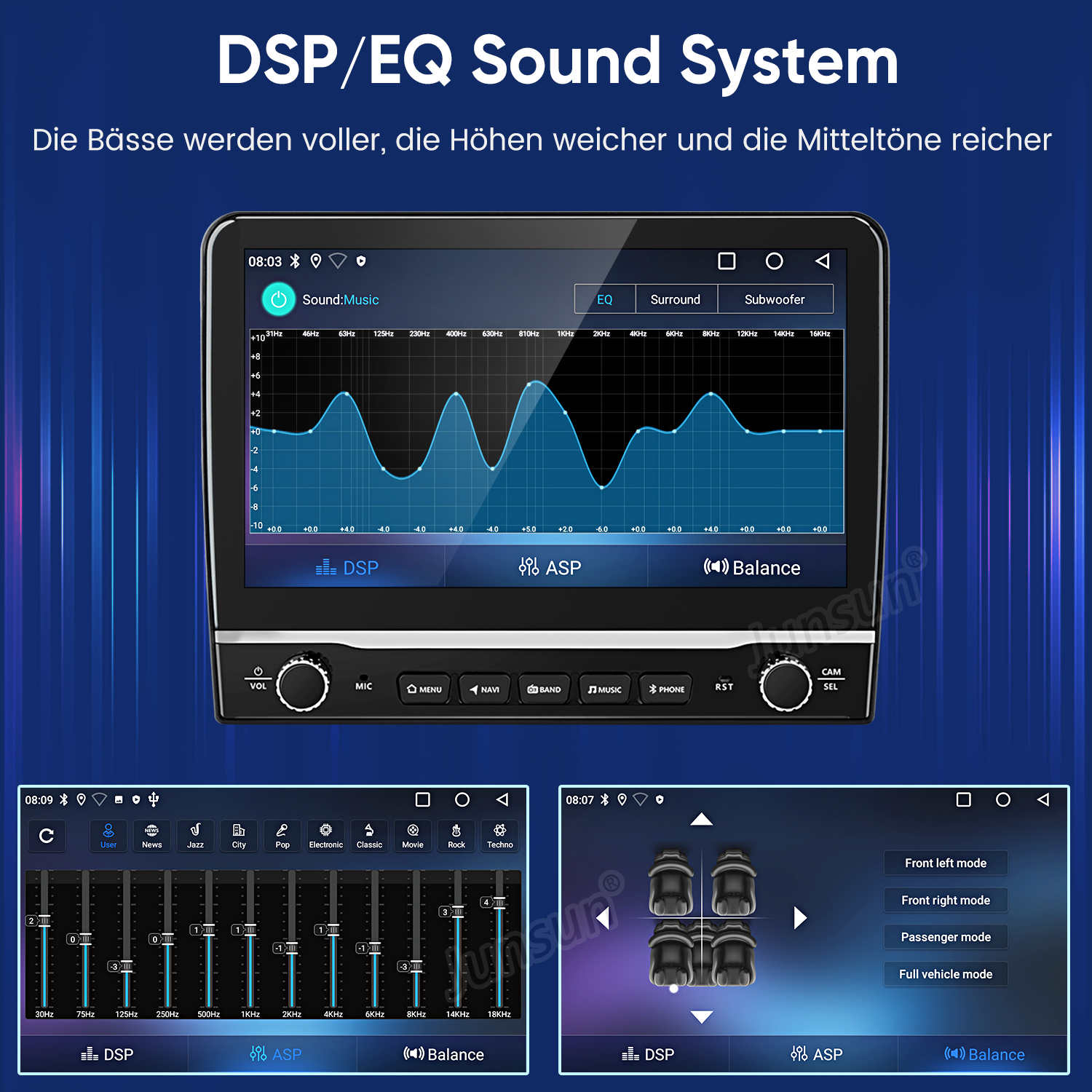 DSP/EQ-Soundsystem mit Equalizer-Anzeige und Modi.