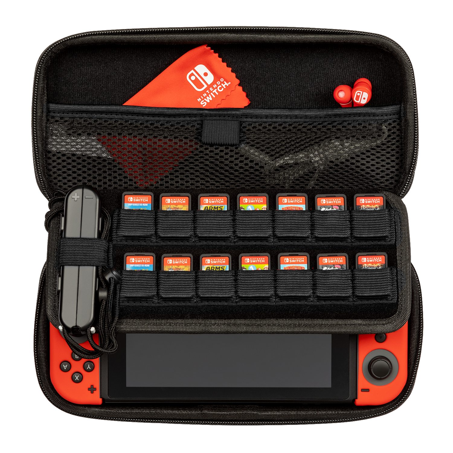 Nintendo Switch z grami i akcesoriami w czarnym etui.