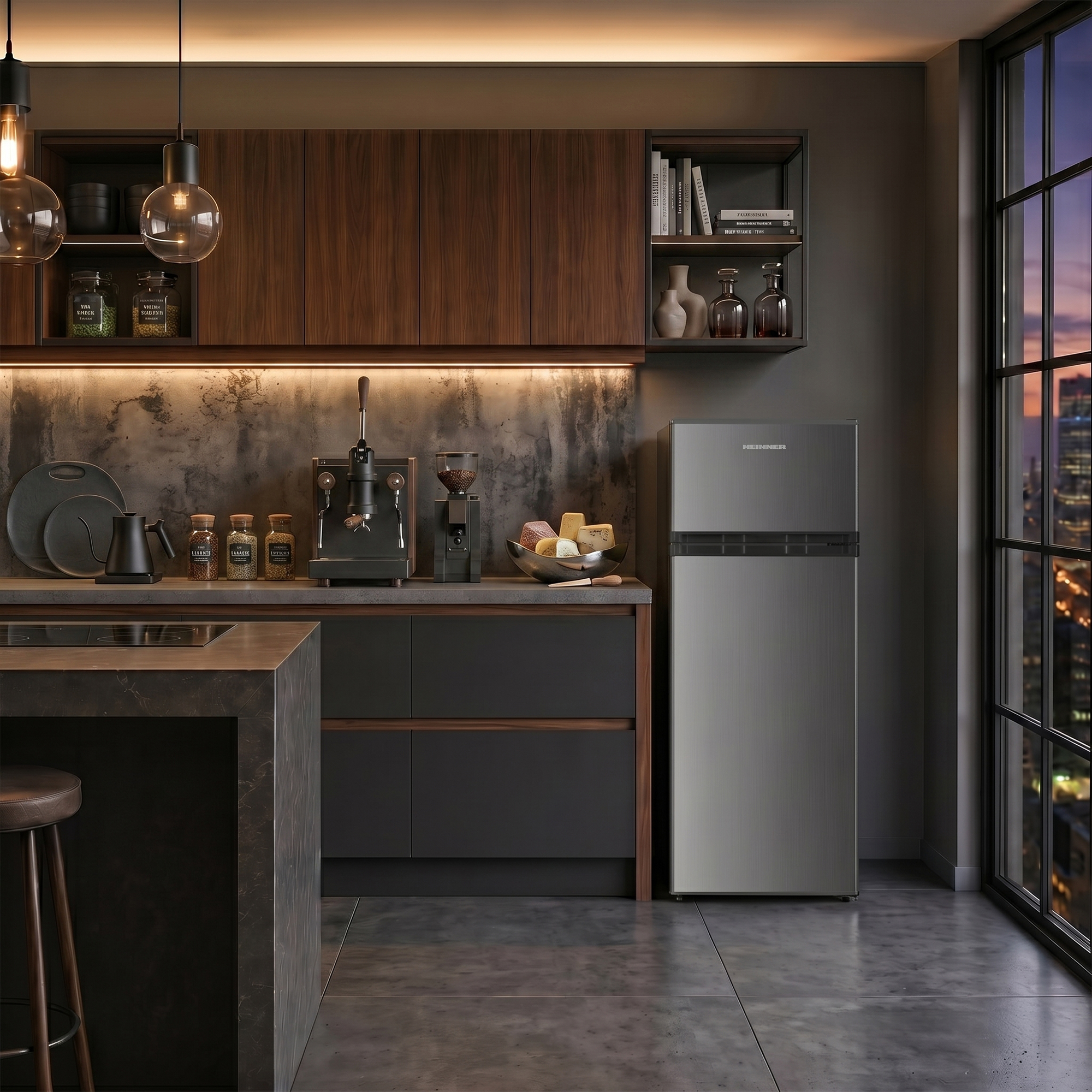 Modern kitchen with island, coffee machine, fridge, and city view at night.